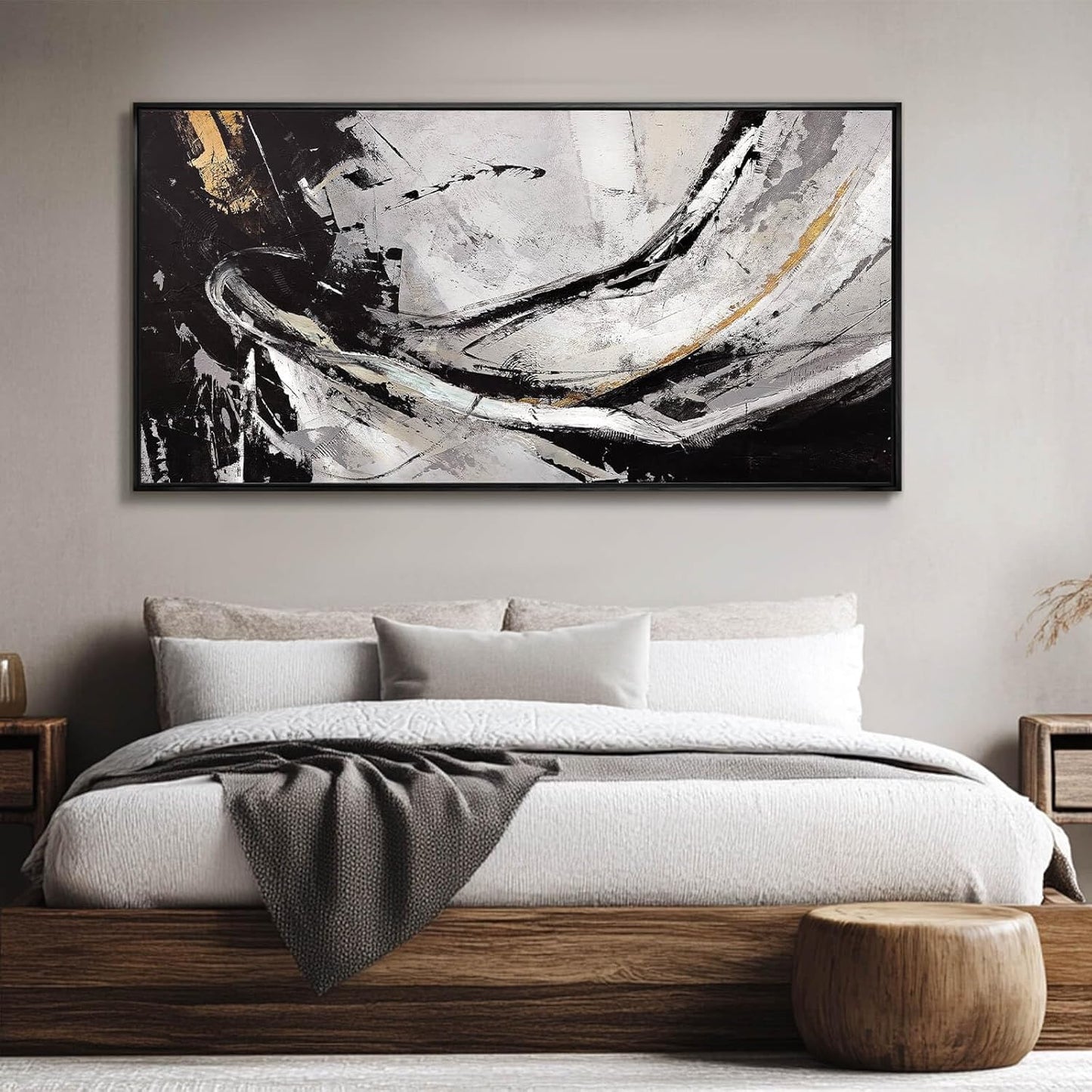 Home Decor Black and White Abstract Painting for Office Bedroom Decorations Framed Canvas Wall Prints Gold Pictures Wall Art for Home 29"x 58"