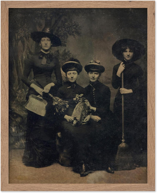 Poster Master Vintage Photograph Poster - Retro Halloween Print - Gift for Artist, Friend - Four Witches Wearing Robes, Sabbath, Coven, Sorcery - Wall Decor for Home, Office, 8x10 Beige Framed