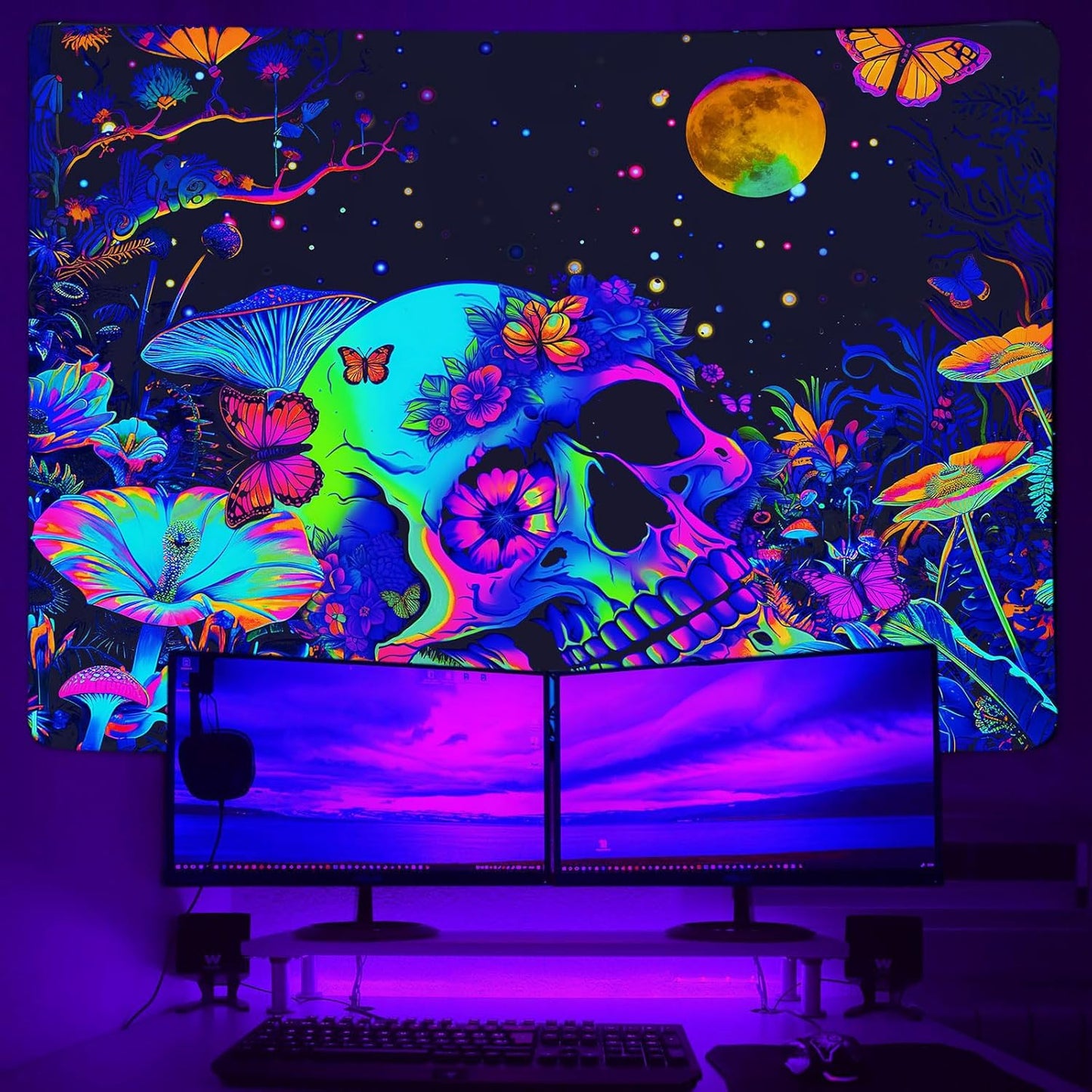 Xiaoput Skull Skeleton Tapestry for Bedroom, Glow in the Dark Black Light Poster, 60x40IN