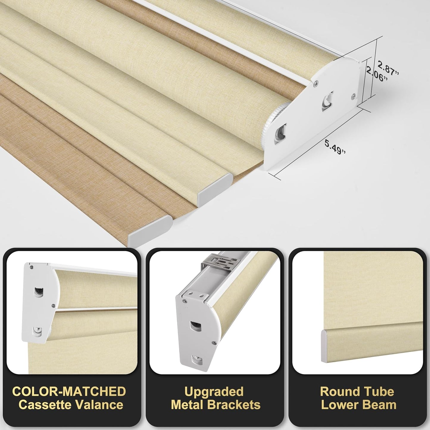 BERISSA Dual Roller Shades with Cassette Valance, Double Blackout and Light Filtering Shades, Day and Night for Home Office Door. Linen Beige. 34 W x 86" H