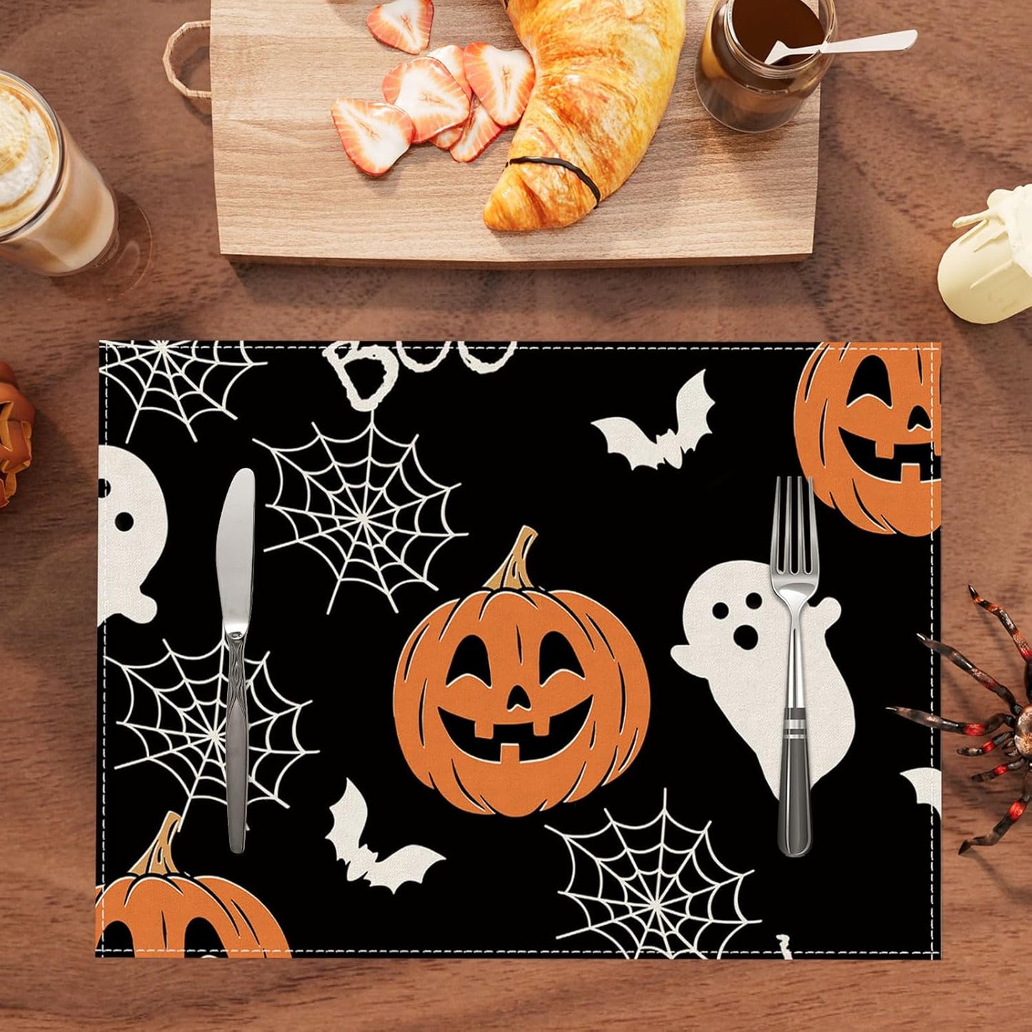 XCHI BOO Spooky Ghost Pumpkin Halloween Cloth Placemats Set of 8 Table Mats Table Decorations 12x18 Inch