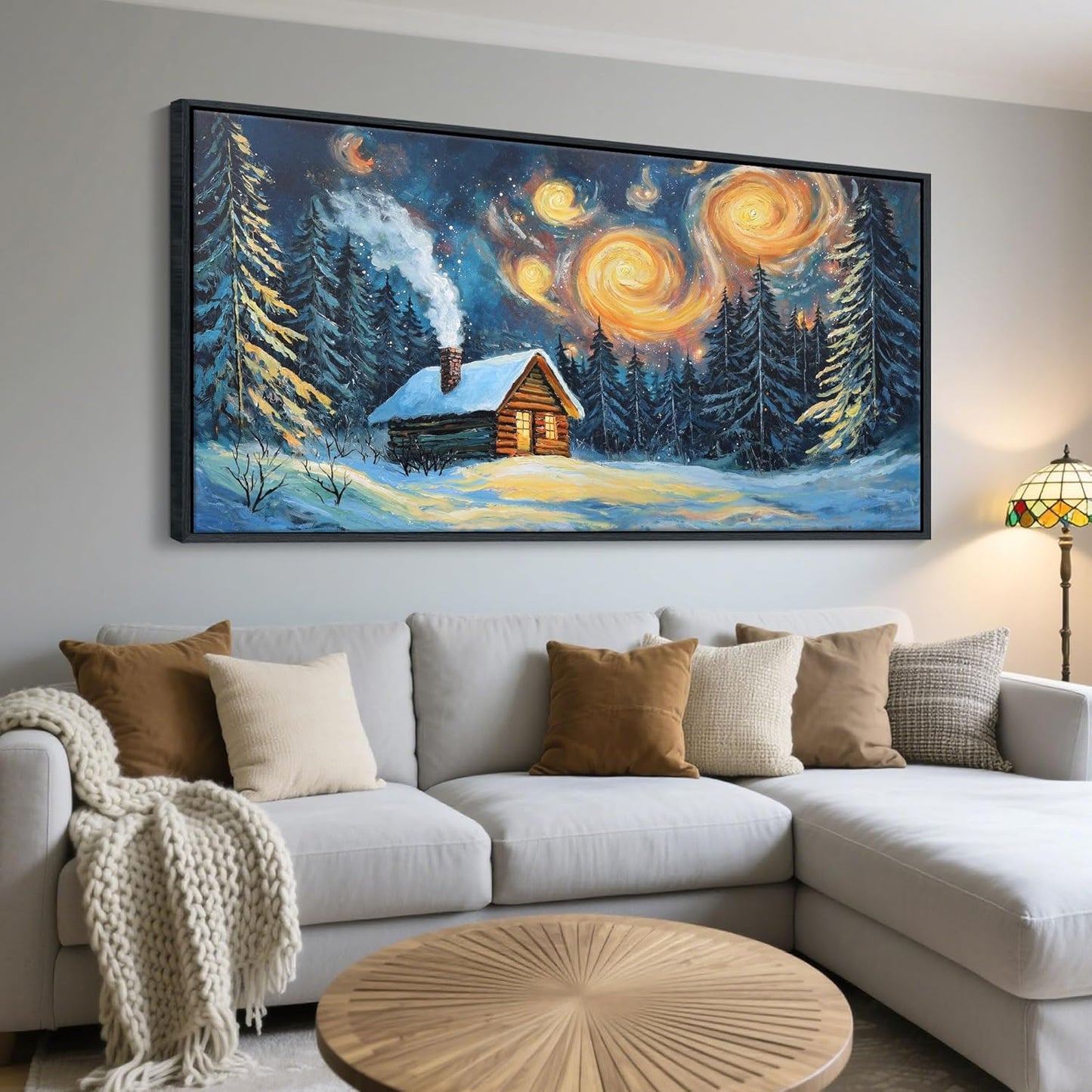 QZQCBLC Large Landscape Wall Art, Farmhouse Cabin Forest Gallery Pictures Abstract Winter Rustic Painting Framed Artwork for Living room Bedroom kitchen Home Office Decor 29x58 IN