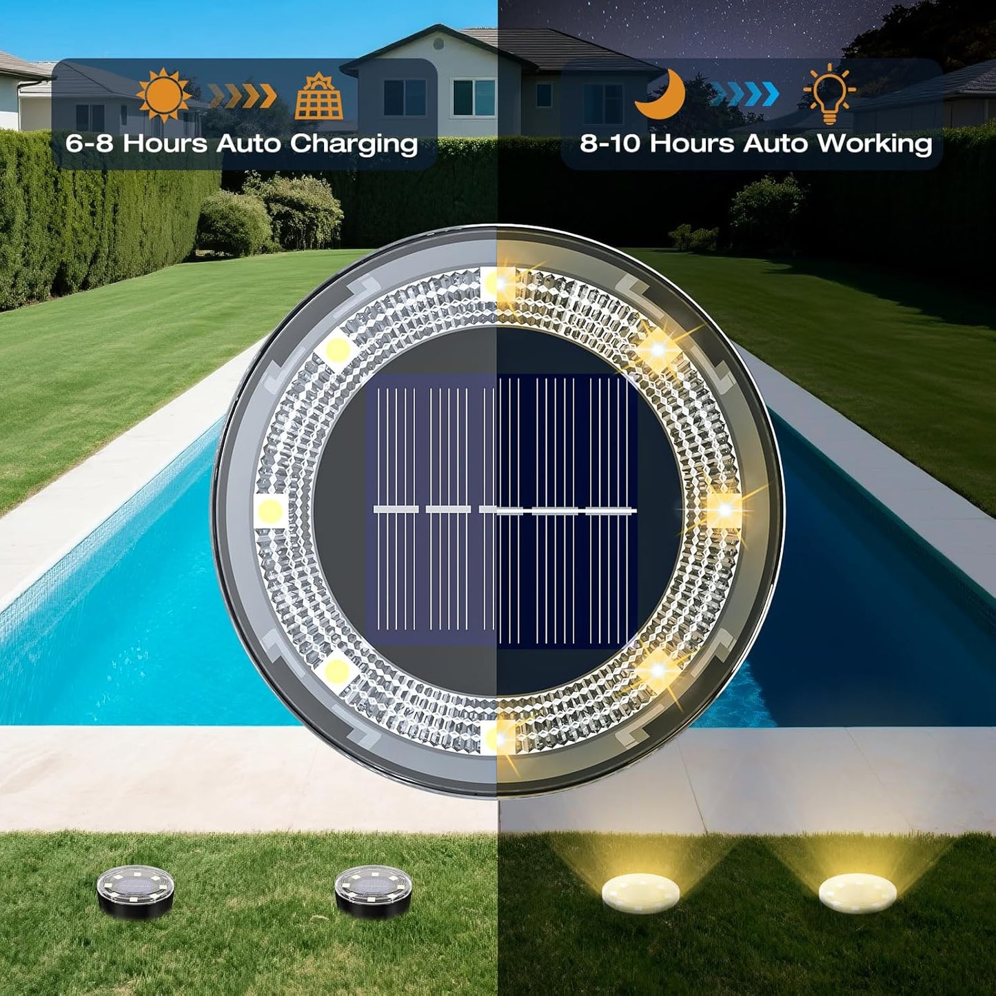 Mini Outdoor Solar Lights，8 Pack Solar Garden Light for Outside IP65 Waterproof, 8 LED Disc Landscape Lighting for Garden Yard Driveway Walkway Poolside Deck Lawn Patio，Warm White