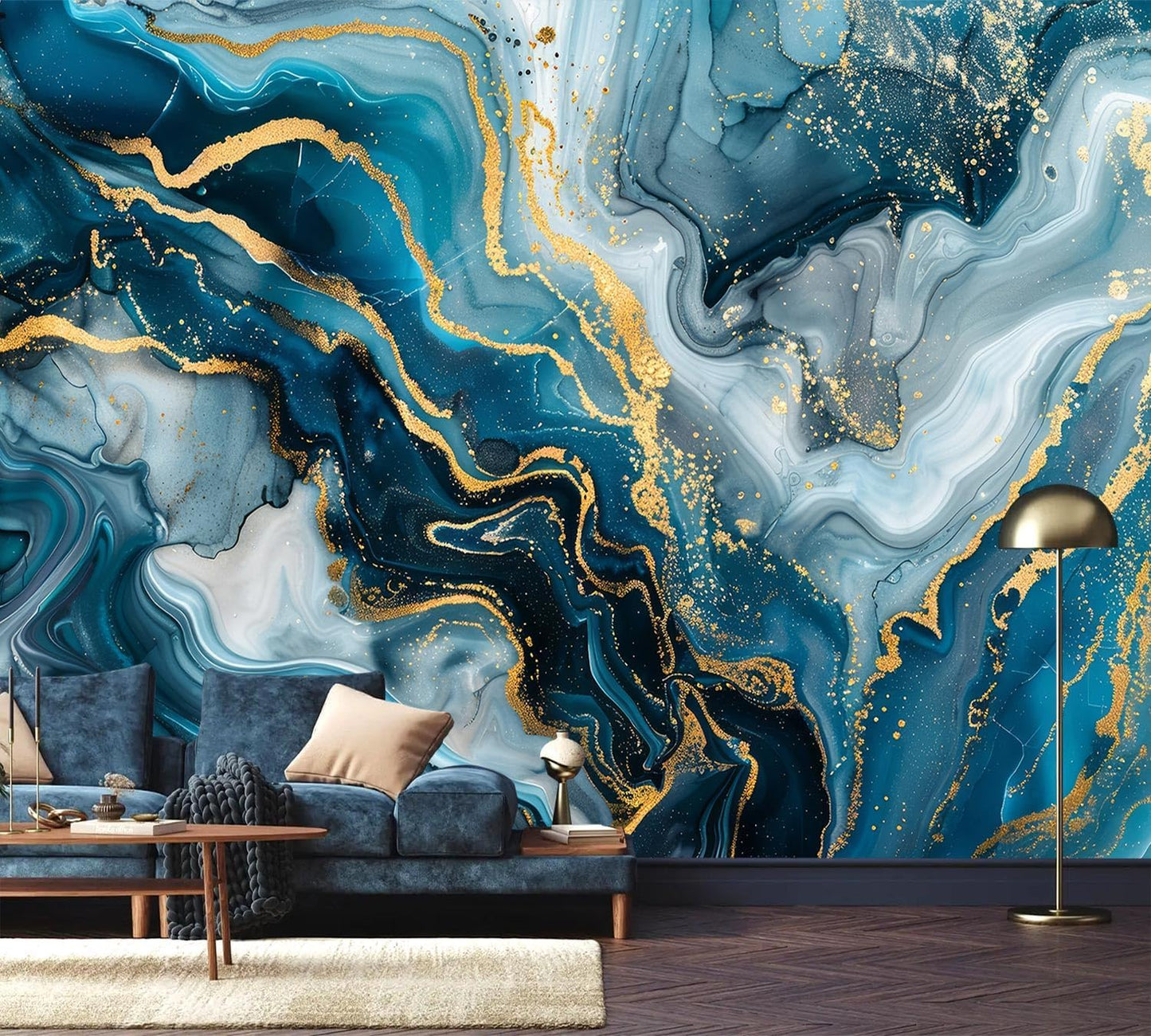AFZEVEB-Blue and Gold Marble Wallpaper Abstract Art Wall murals for Bedroom 136"x96" (Not Peel and Stick)