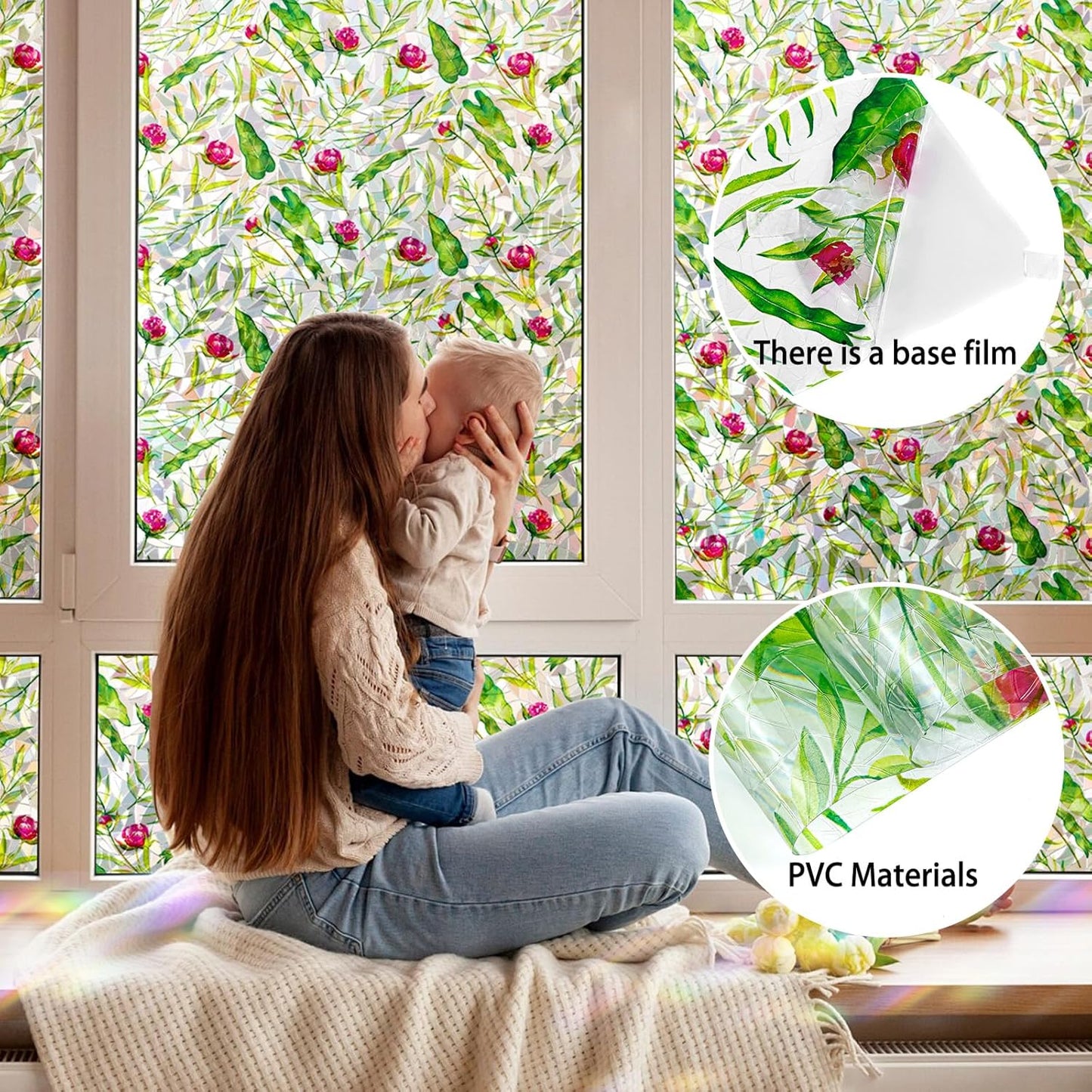 Rainbow Window Privacy Film 3D Floral Decorative Stained Glass Window Film Anti UV Non-Adhesive Reusable 23.6" x 157.4" for Home Room Car Glass Cling