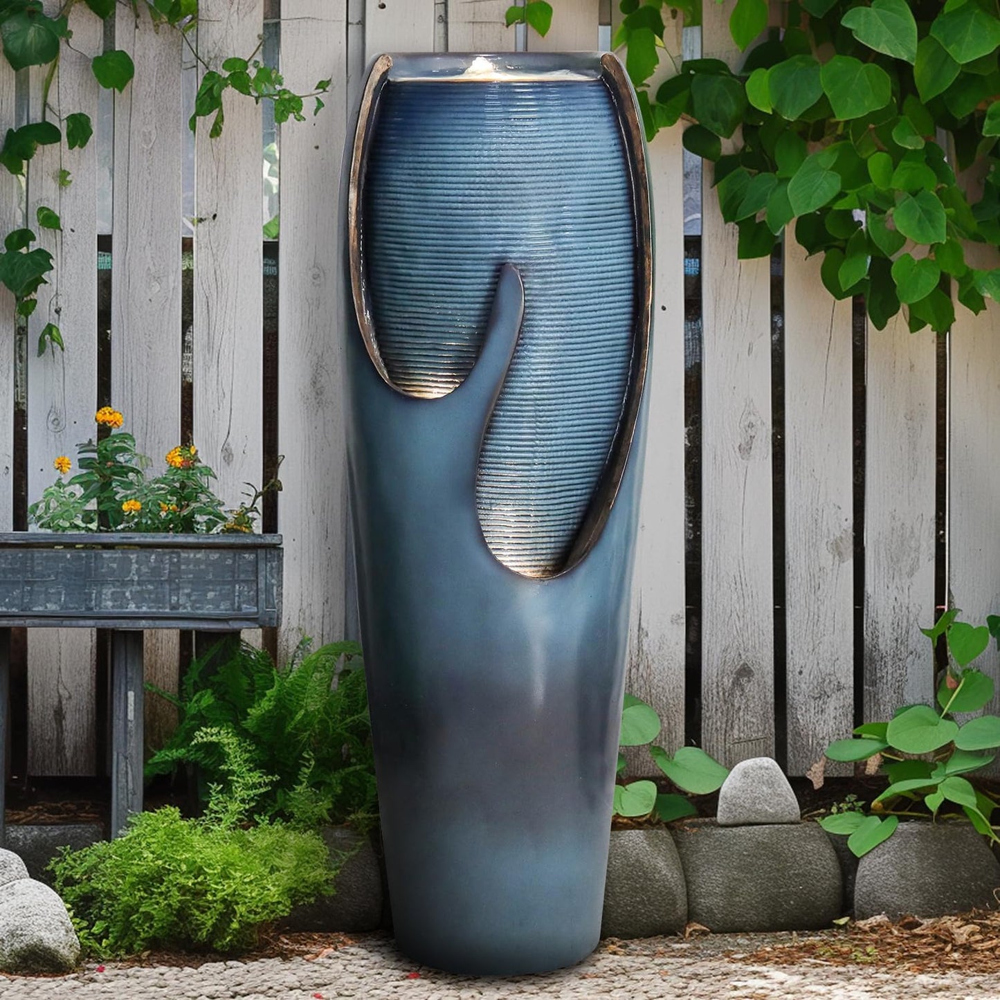 Naturefalls 38.7” H Modern Outdoor Fountain - 4-Tiered Outdoor Garden Fountains with Contemporary Design&LED Light for Garden, Patio, Deck, Porch, Backyard and Home Art Decor