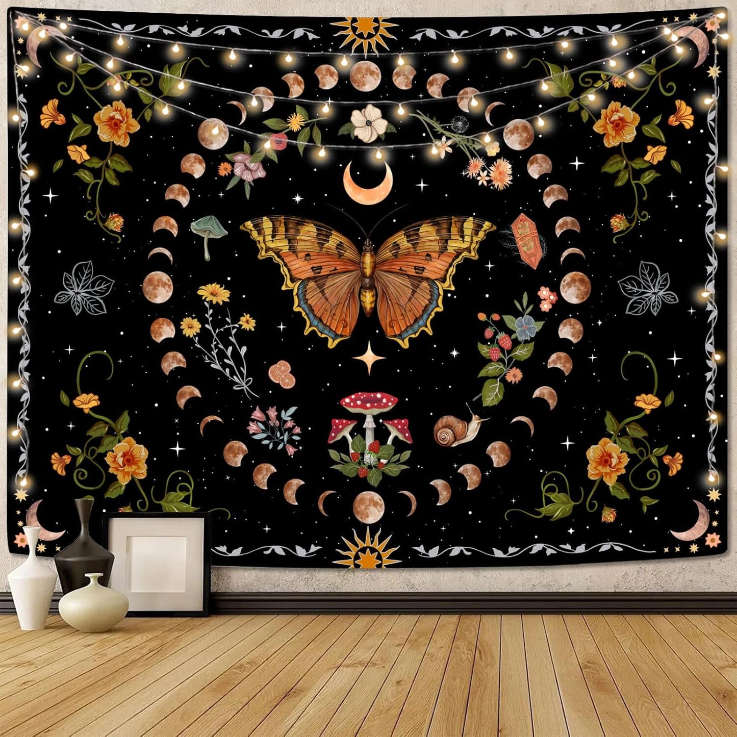 Aipon Orange Butterfly Moon Flower Tapestry Botanical Floral Plant Boho Tapestry for Bedroom Aesthetic Vintage Tapestries Wall Hanging for Living Room Dorm (60.00'' × 80.00'', Orange)