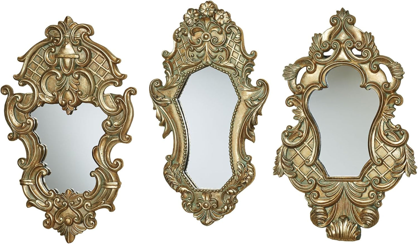 Lattice Scroll Gold Traditional Classic Wall Mirrors | Set of Three | Vintage Accent Hanging Mirror for Bedroom, Living Room, Office, Hallway | Victorian Style Decor