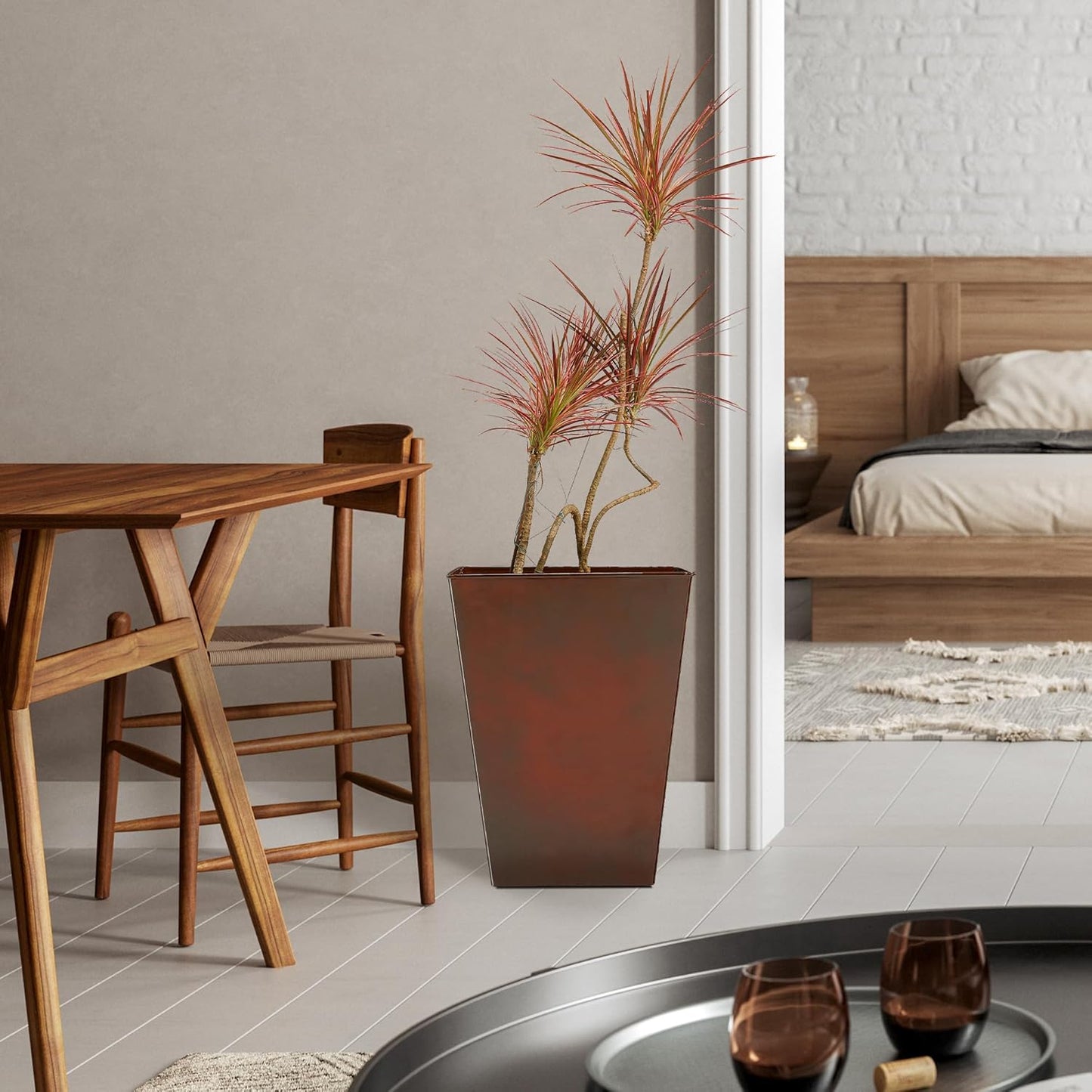 Worth Garden Large Metal Glazed Floor Planter Set of 2-14" Dia x 18" H - Luxurious Glossy Finish Red Tall Square Tapered Steel Plant Pots, Decor Flower Pot Indoor & Outdoor, Drainage Hole