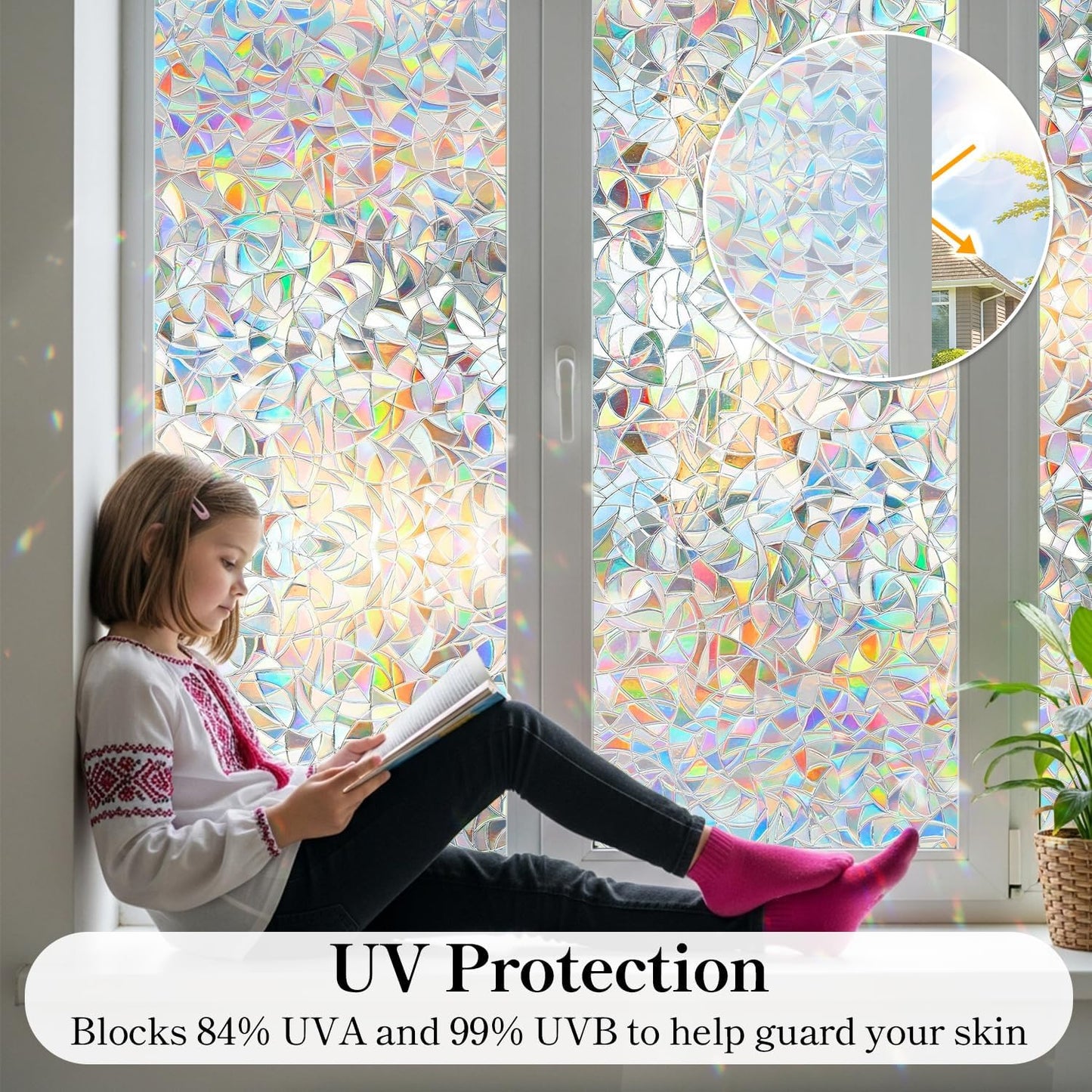 DUOFIRE Window Privacy Film, Rainbow Window Clings for Glass Windows, Stained Glass Film Decorative, 3D Decals Cover, Suncatcher Static Cling Sticker for Home, 35.4 x 78.7 inch