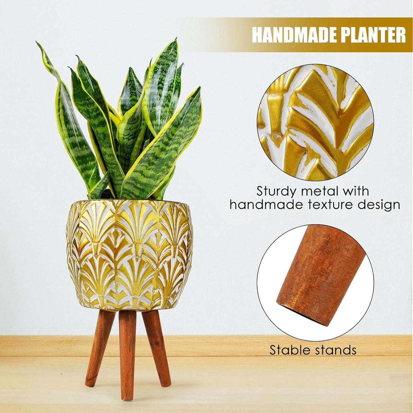 Harvest Land Plant Pots with Stand, Set of 2 Large Modern Planters Metal Tall Handmade Flower Pots with Drainage Holes Indoor Outdoor,Gold