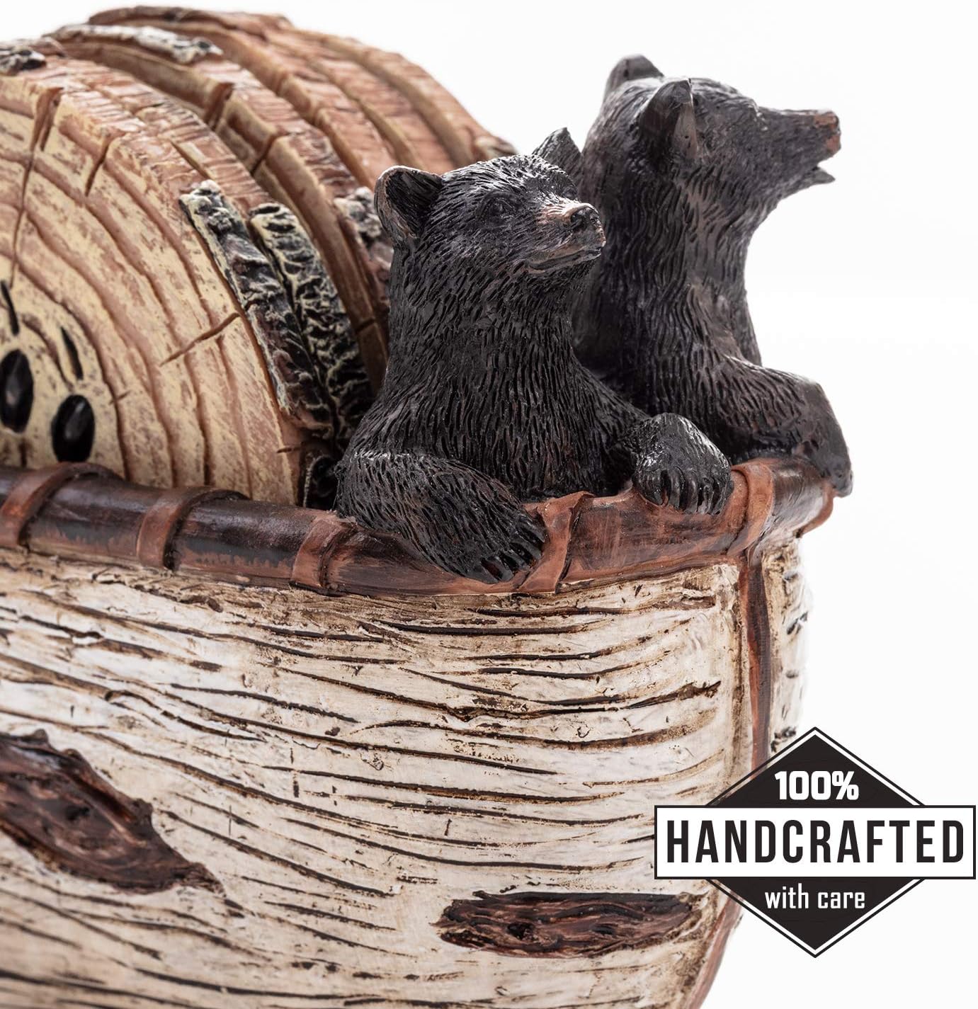 Bear Coasters Set of 6 Full Size Rustic Coasters in Handmade Canoe with Adorable Black Bear Figurines | Black Bear Log Cabin Decorations, Rustic Lodge Decor for The Home