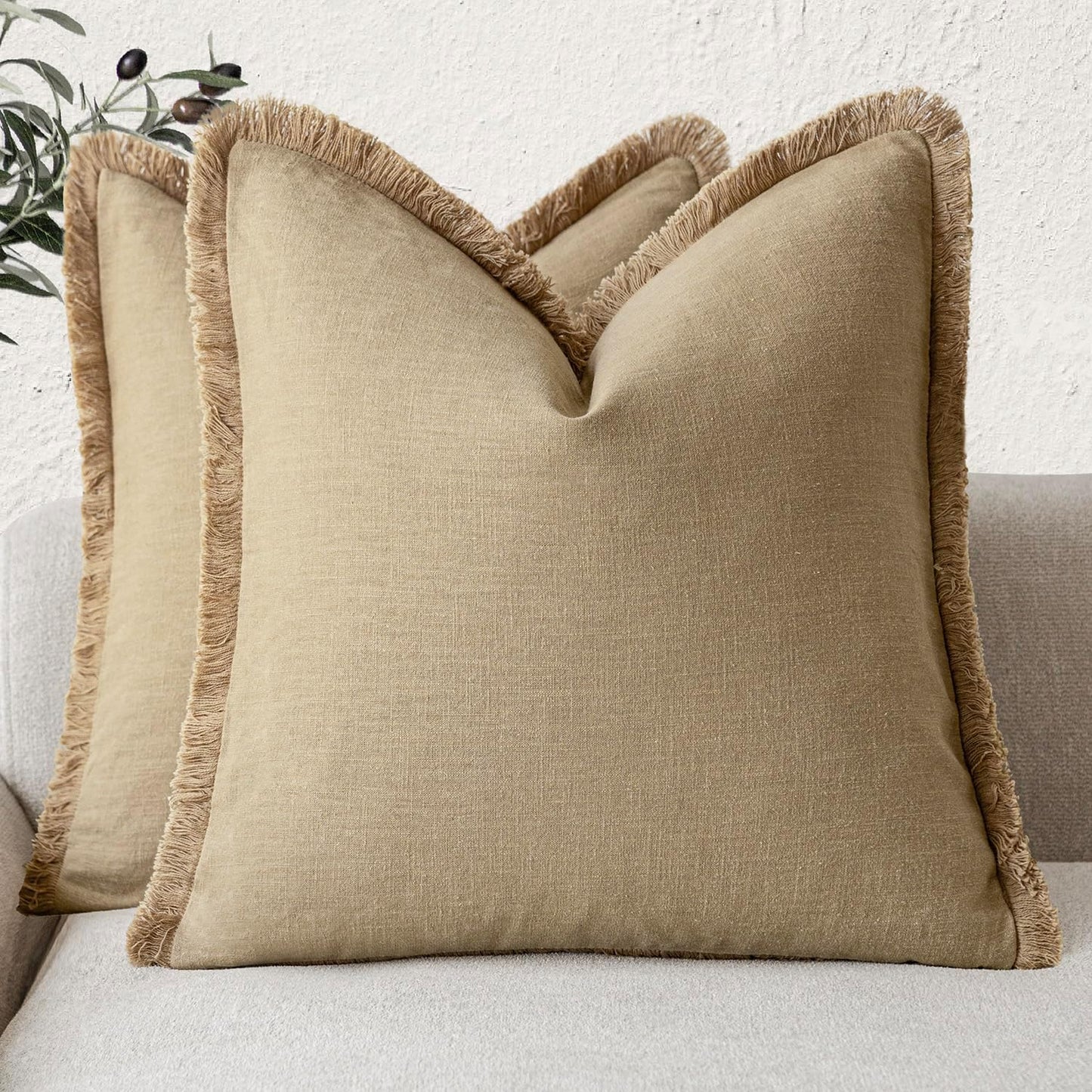 Foindtower Set of 2 Decorative Linen Fringe Throw Pillow Covers Farmhouse Cushion Cover with Tassels Soft Accent Pillowcase for Couch Chair Sofa Bed Living Room Home Decor,24×24 Inch,Light Khaki Taupe