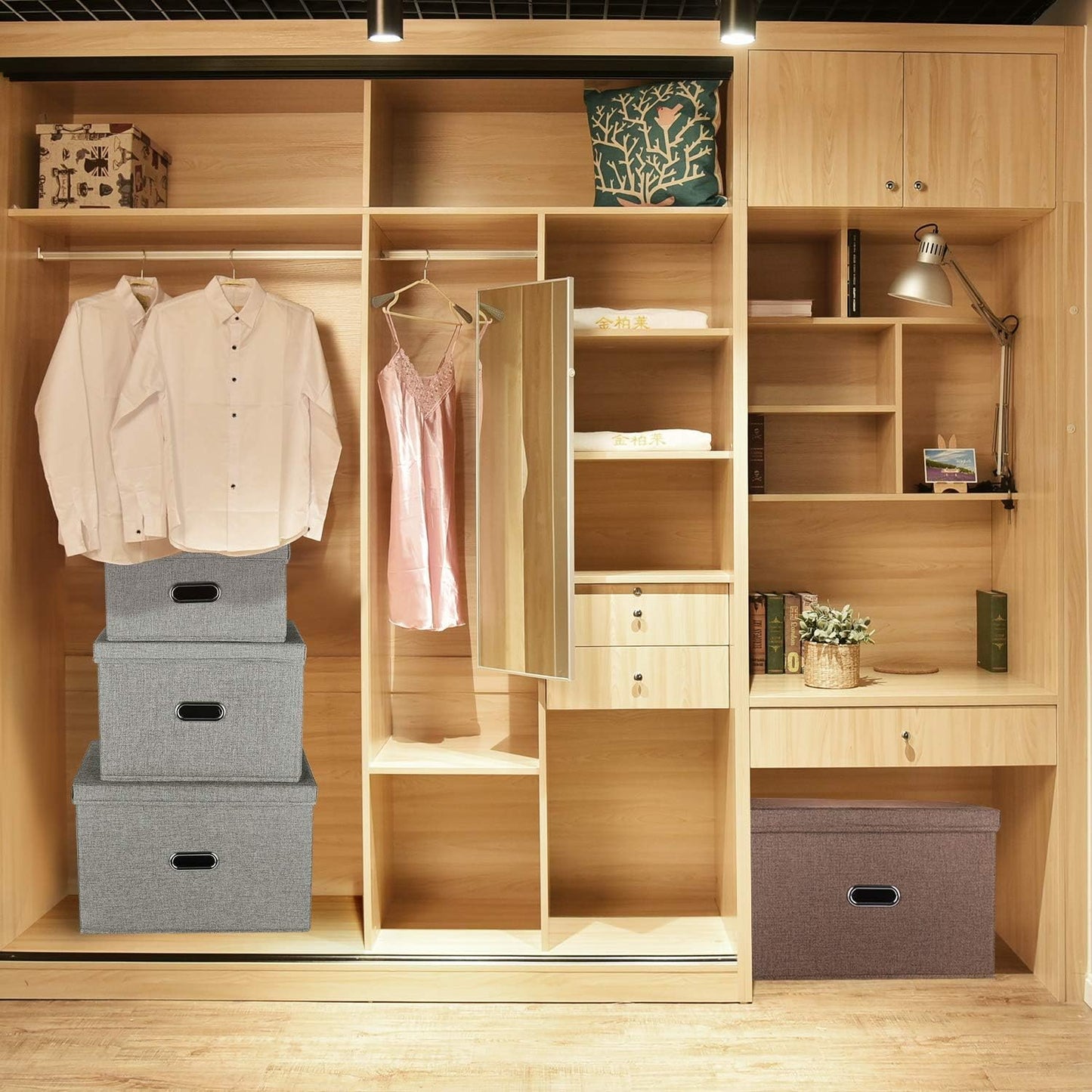 Large Linen Fabric Foldable Storage Bins with Removable Lid and Handles, Washable Storage Box Organizer Containers Baskets Cube with Cover for Bedroom,Office(Cream, Large(2-Pack))