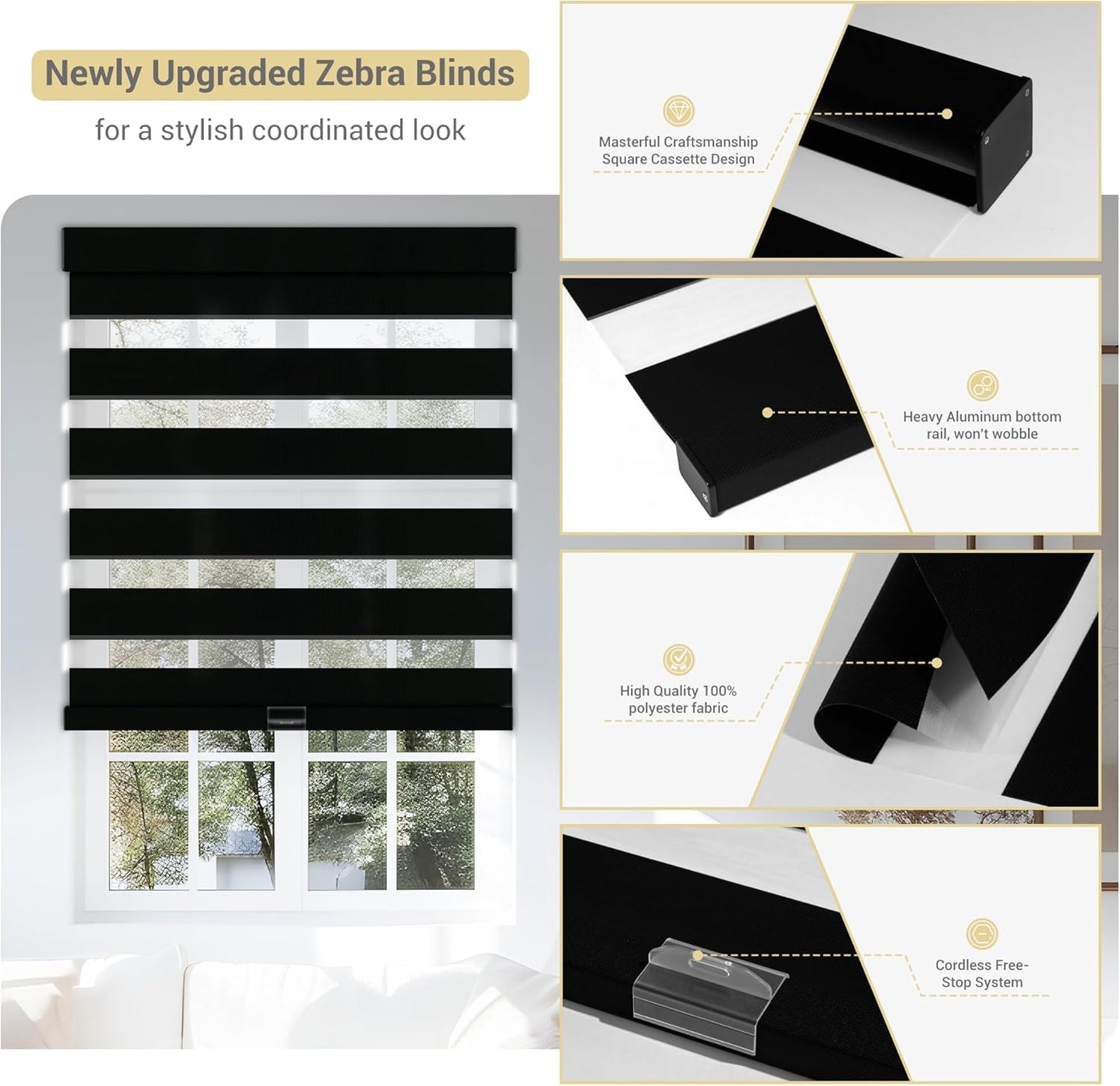 Cordless Zebra Blinds for Windows, Blackout Interior Blinds,Easy to Install,UV Protection,for Offices and Home,Custom Roller Shades, Solid Black, 68" W x 88" H