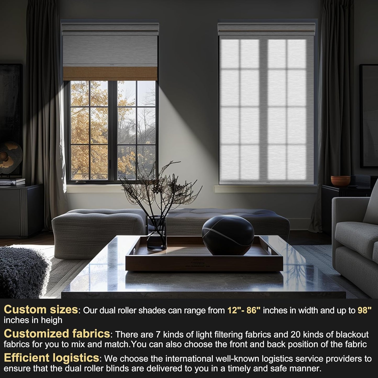 BERISSA Dual Roller Shades with Cassette Valance - Double Blackout and Light Filtering Shades, Day and Night for Home Office Door. Linen Beige and White. 76 W x 56" H