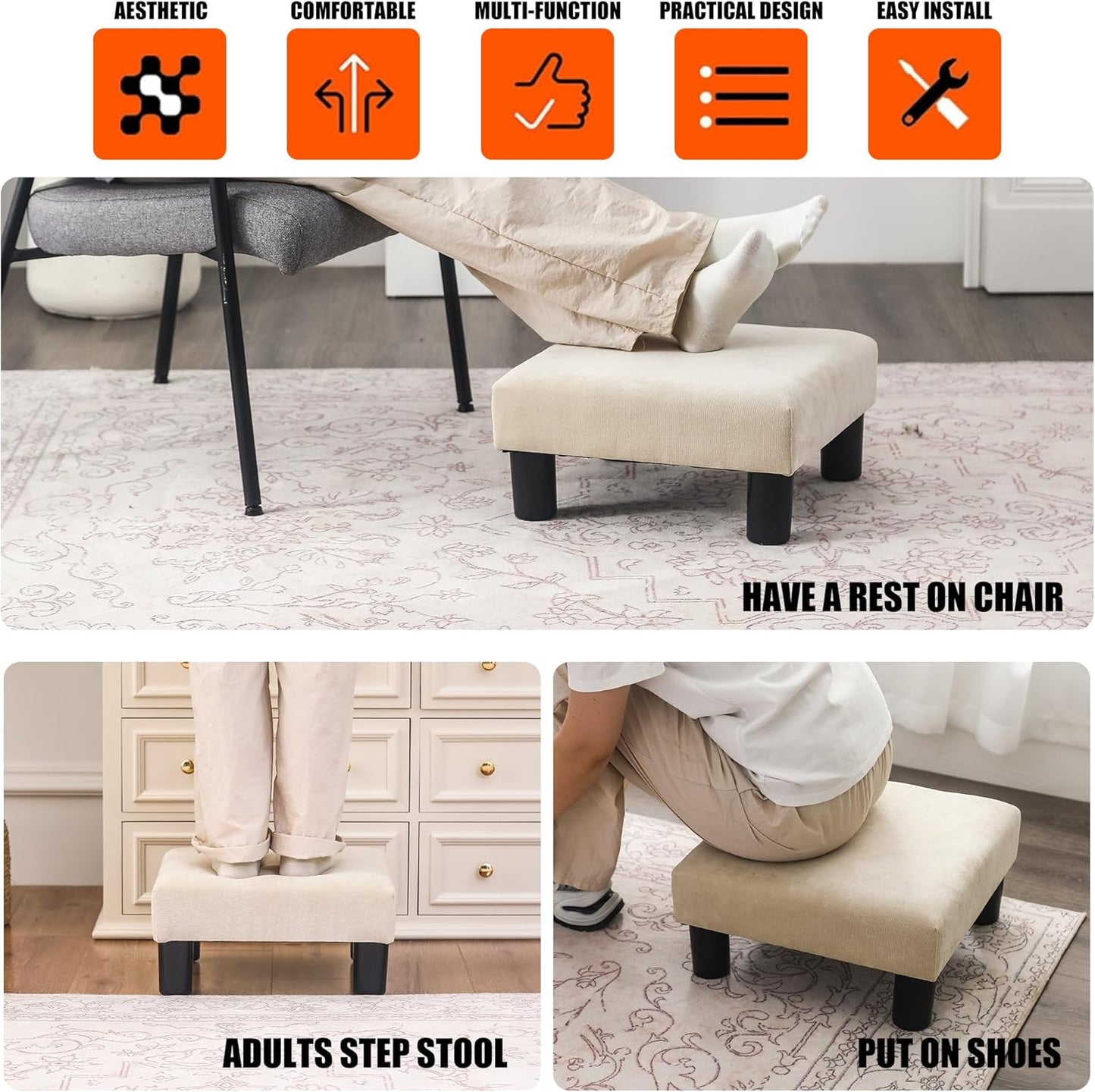 Joveco Small Foot Rest Stool Ottoman, 15" Fabric Square Footstool Upholstered Footrest for Chair, Under Desk, Office, Living Room, Wheat