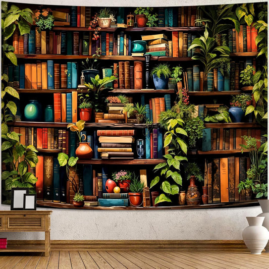 Accnicc Botanical Bookshelf Tapestry Lush Green Plant Book Shelf Tapestries Wall Hanging Art Vintage Retro Potted Plants Academics Library Book Tapestry for Bedroom Living Room Dorm 80 x 60 inch