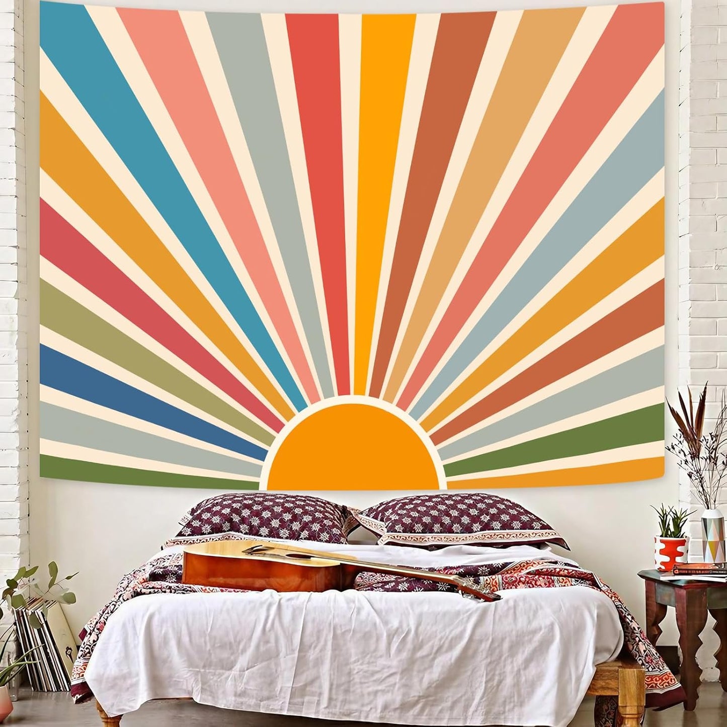 Kanuyee Boho Burning Sun Tapestry Wall Hanging, Retro 70s Abstract Vintage Geometric Rainbow Sunrise Tapestries for Bedroom Living Room Backdrop 60×80 inch