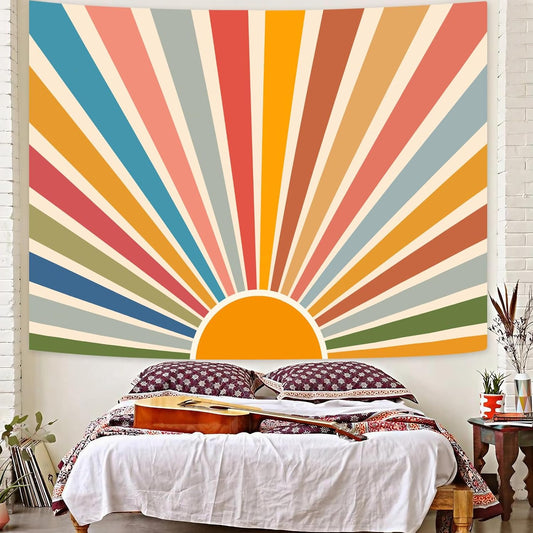 Kanuyee Boho Burning Sun Tapestry Wall Hanging, Retro 70s Abstract Vintage Geometric Rainbow Sunrise Tapestries for Bedroom Living Room Backdrop 44×60 inch