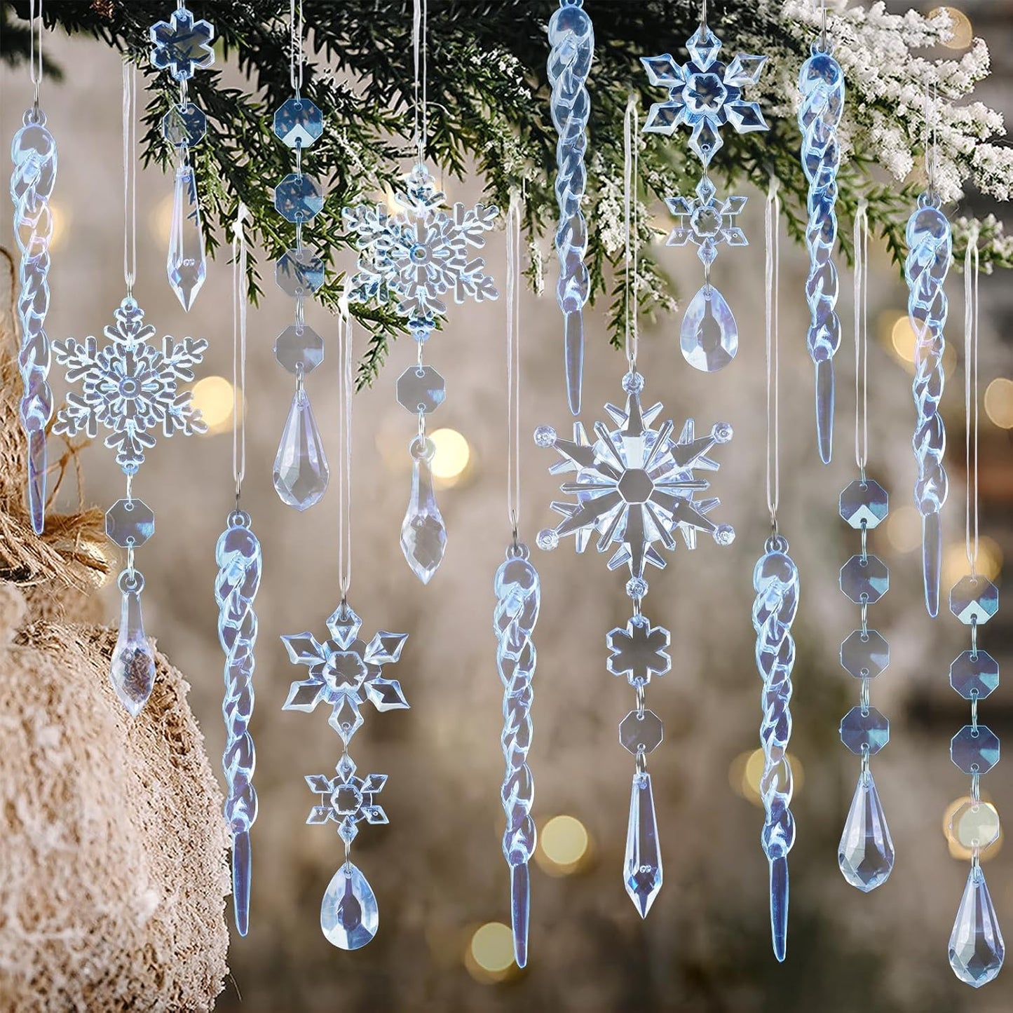 18pcs Crystal Christmas Ornaments for Christmas Tree Decorations-Blue Hanging Acrylic Snowflake and Icicle Ornaments with Drop Pendants for New Year Party Decorations Supplies