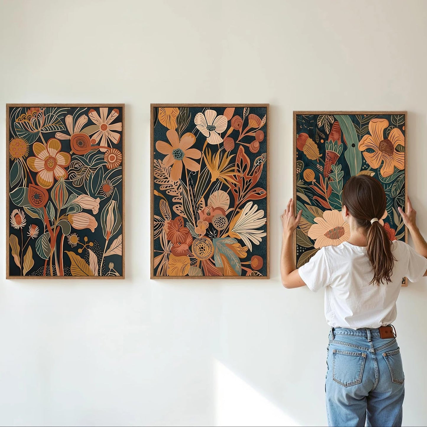 Tinonedraw Vintage Burnt Orange Floral Framed Canvas Wall Art Set of 3, Boho Chic Flower Artwork, Mid Century Modern Plant Wall Decor, Colorful Neutral Botanical Art Prints for Bedroom Living Room Office 16"x24"