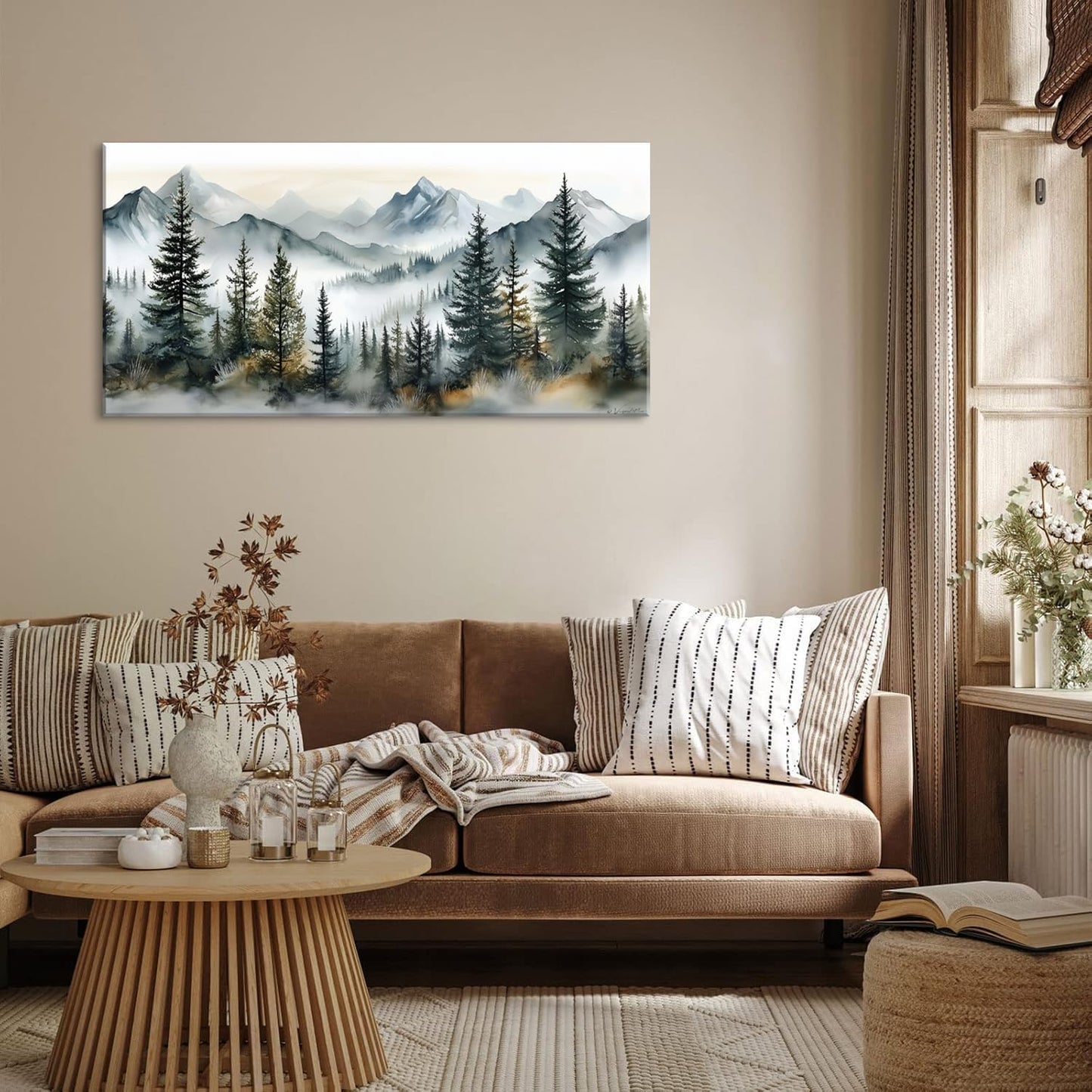 LASMOND Watercolor Forest Wall Art for Living Room Modern Mountain Canvas Painting Prints Foggy Woods Bedroom Landscape Office Wall Art Decor (40x20 Inches)