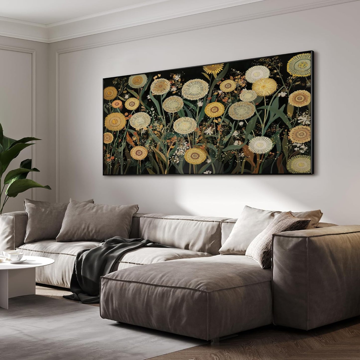 SIGNWIN 36"x72" Extra Large Framed Wall Art Whimsical Dandelion Field in Yellow and Green, Playful Botanical Print for Home Living Room Bedroom Decor (Frame Assembly Required)