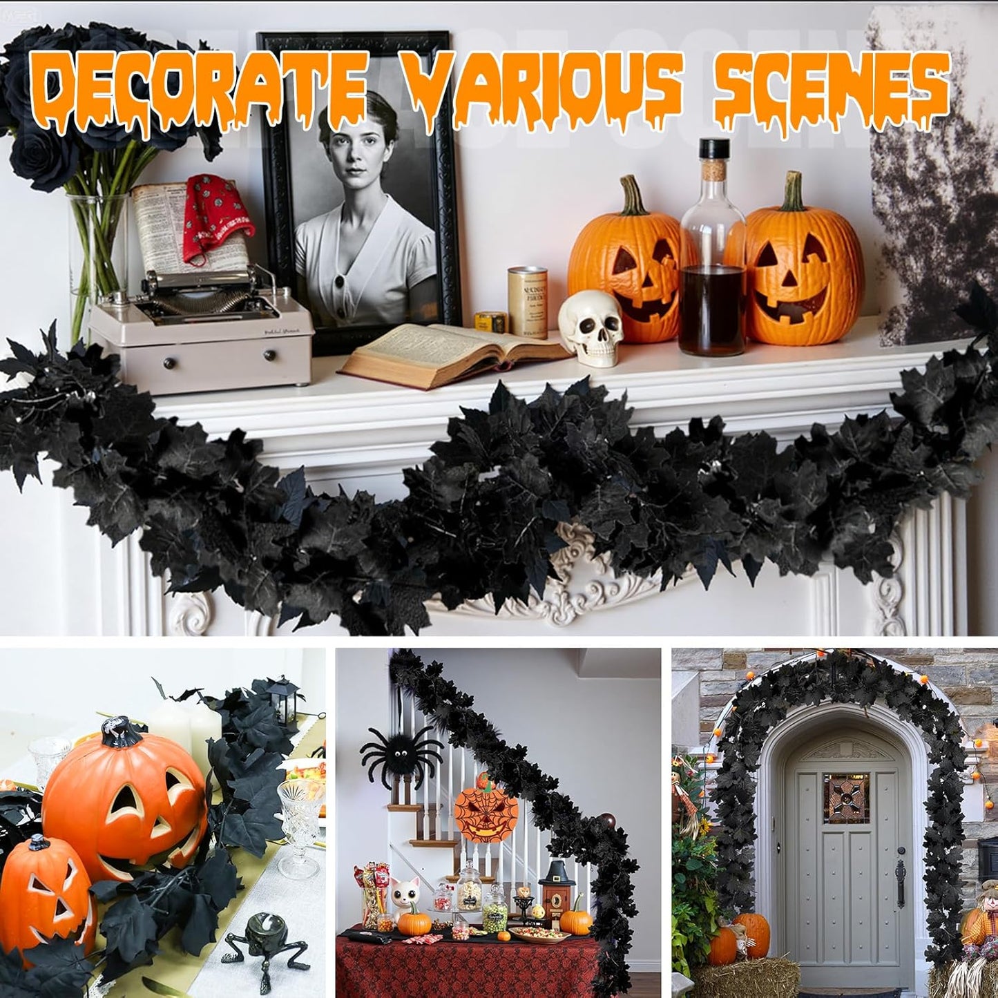 Joyhalo 8 Pack 5.7FT Black Maple Leaf Garland,Halloween Artificial Hanging Black Vines,Halloween Outdoor Garland for Mantle,Door Frame,Fireplace and Thanksgiving Decor