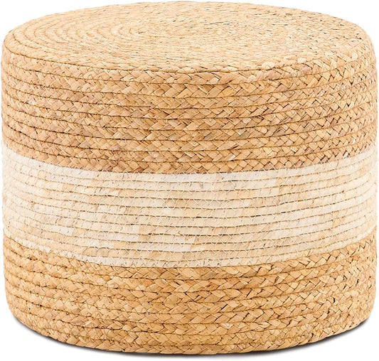 Handwoven Water Hyacinth Ottoman Pouf, Round Outdoor Footstool with Sturdy Frame, No Assembly Needed, Boho Accent Stool for Indoor & Outdoor Use – Patio, Balcony, Living Room (White)