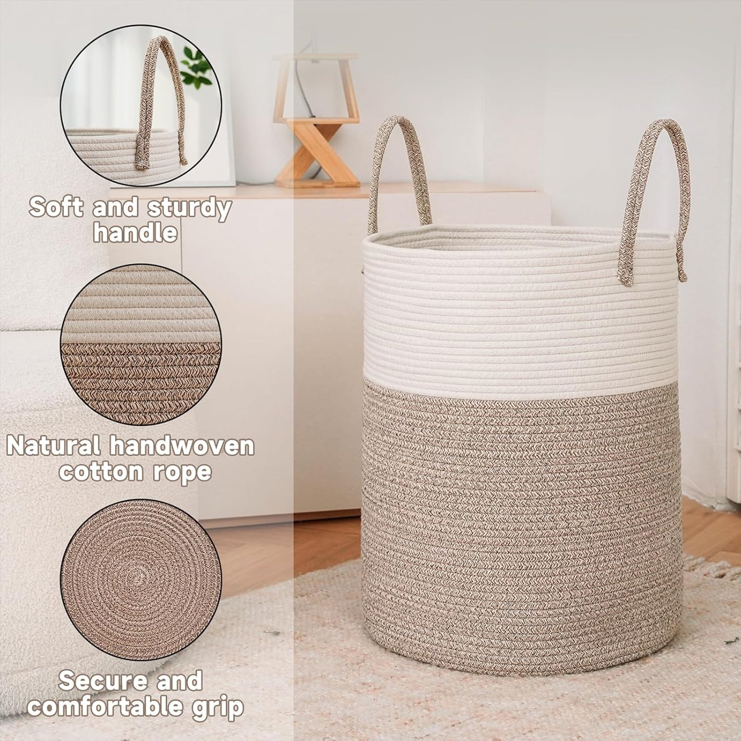 Large Woven Laundry Basket Hamper,60L Cotton Rope Storage Bin for Blankets,Toys and Clothes,Decorative Tall Nursery Hamper for Living Room,Baby Nursery,Bathroom and Bedroom,Brown