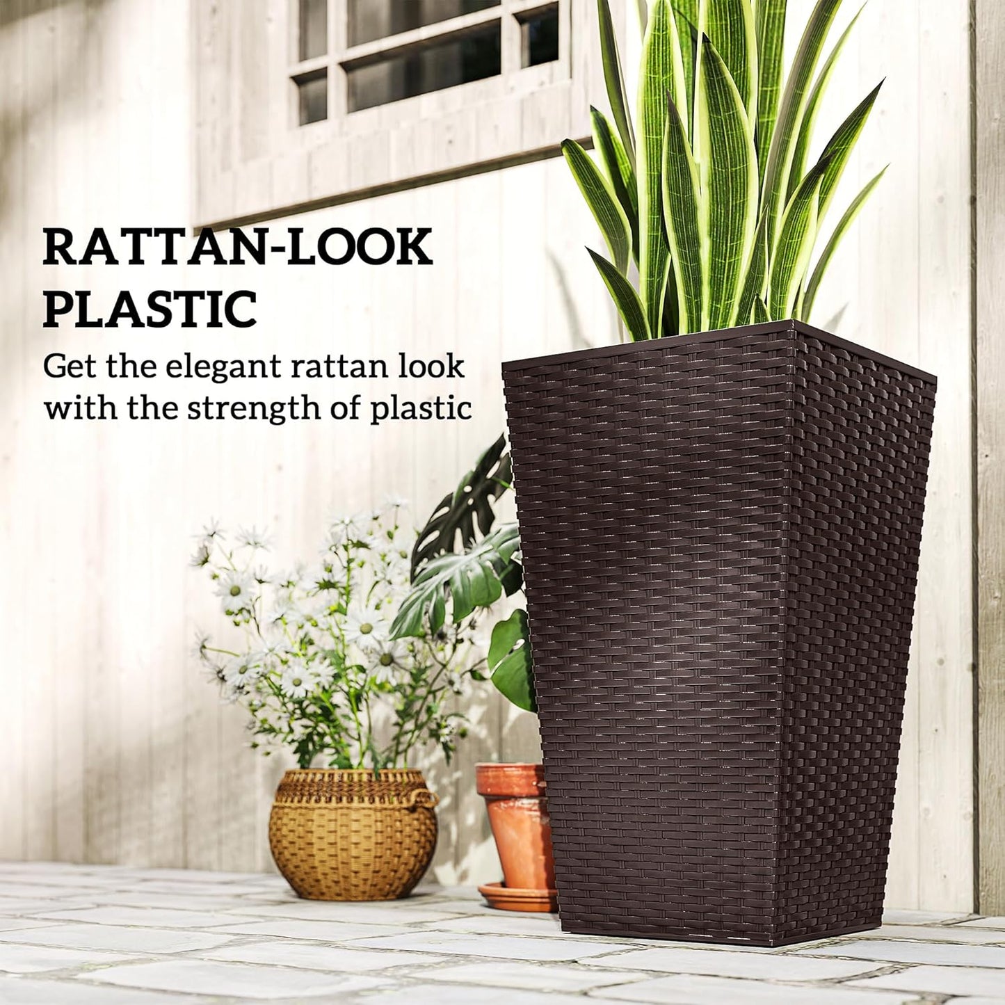 Outsunny Tall Planters for Outdoor Plants Set of 3, 24 in Taper Planters with Drainage Holes, Rattan Decor Plant Pots for Indoor Outdoor Front Porch Patio Backyard, Brown