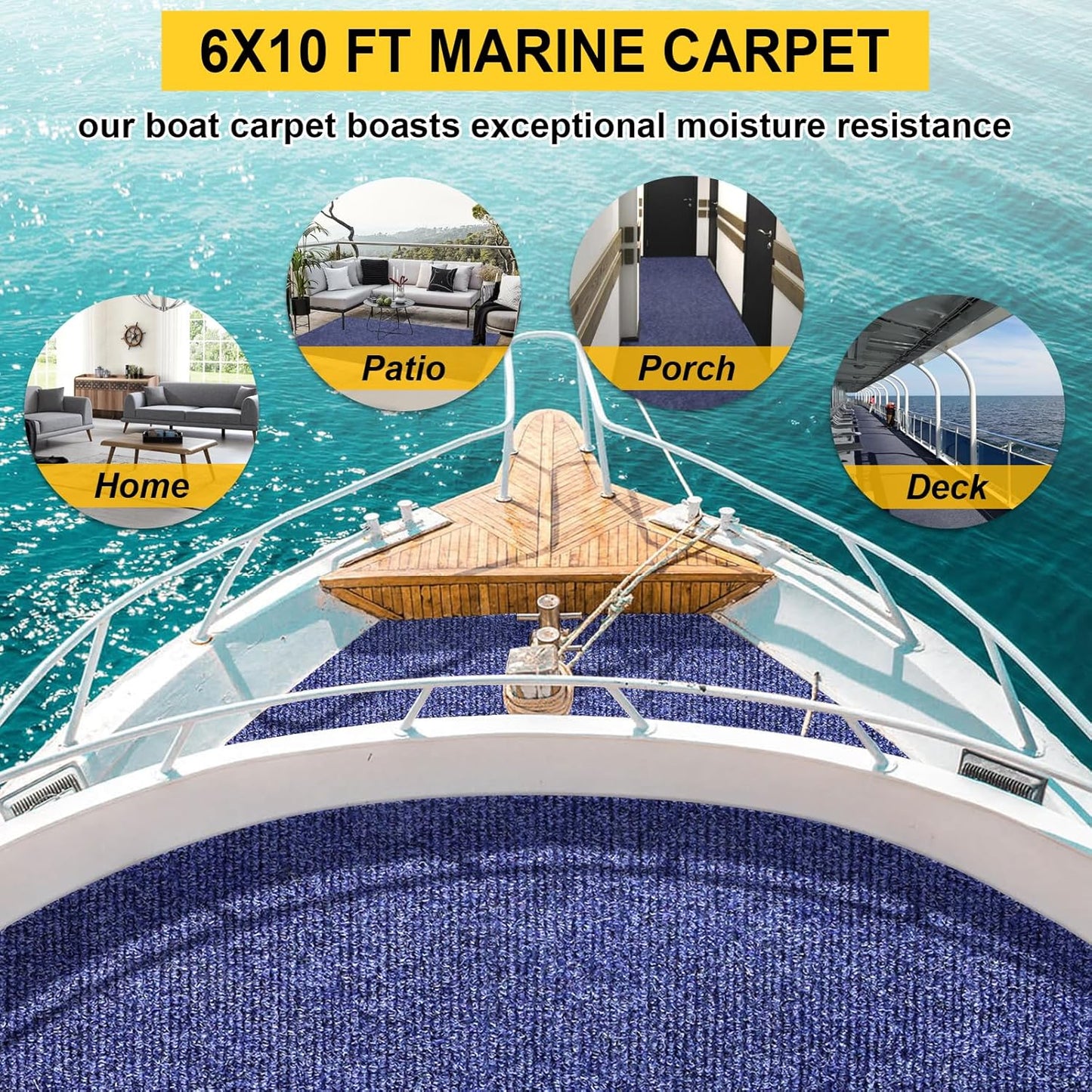 Marine Carpet,6 FT x 10 FT Deep Blue Indoor Outdoor Carpet 0.2" Thick Boat Carpet with Water-Proof TPE Backing, Non-Slide Outdoor Marine Carpet Roll for Home, Patio, Porch, Deck