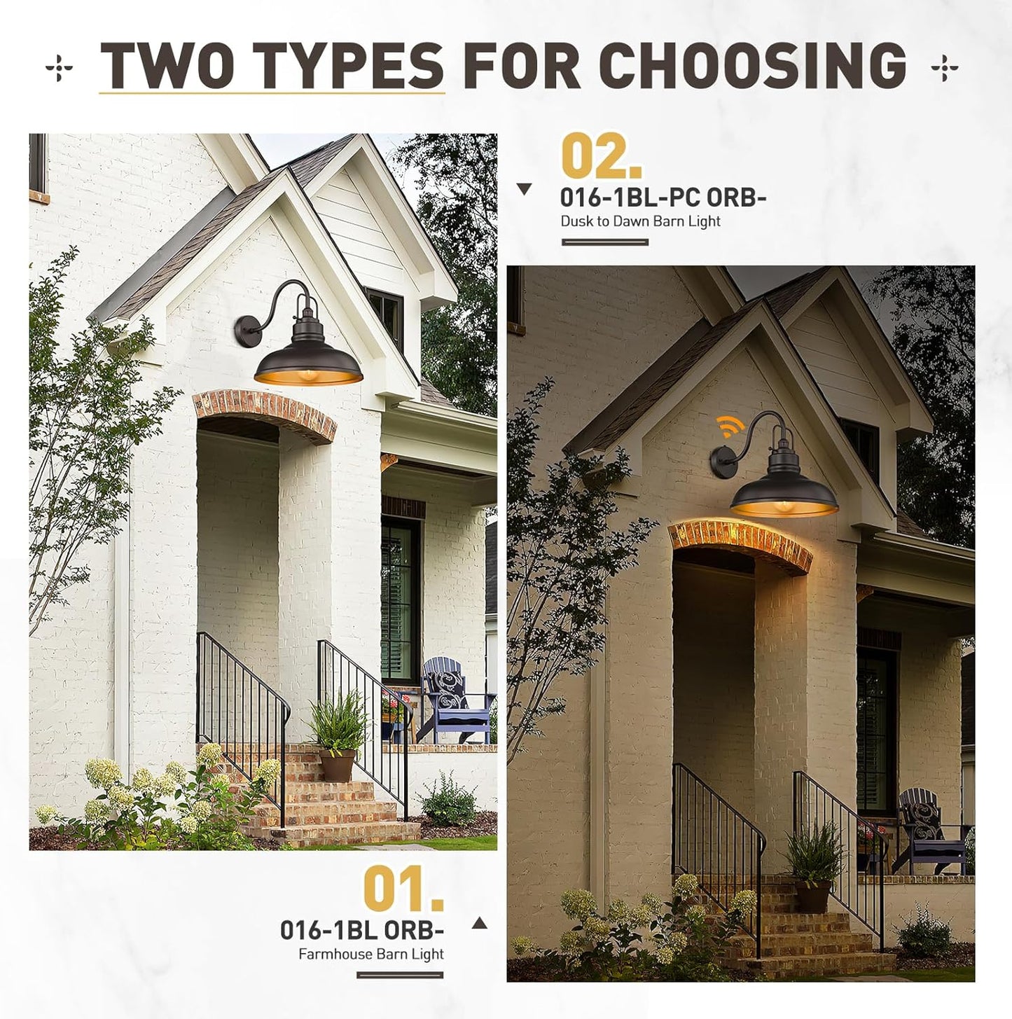 zeyu 2 Pack Outdoor Barn Light Fixtures, Farmhouse Gooseneck Wall Lights for Front Porch, 18" Dusk to Dawn Sensor Wall Sconces in Oil Rubbed Bronze Finish, 016-1BL-PC-2 ORB