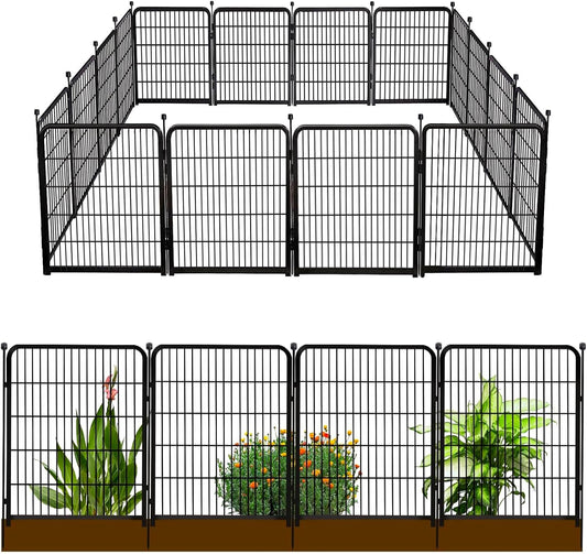 Doorless Animal Barrier Fence, 40in(H) 14 Panels Total 31 Ft(L), Garden Fences and Borders for Dogs, Anti Dig Fence Barrier, Black Metal Decorative Garden Fencing, Flower Bed Fencing