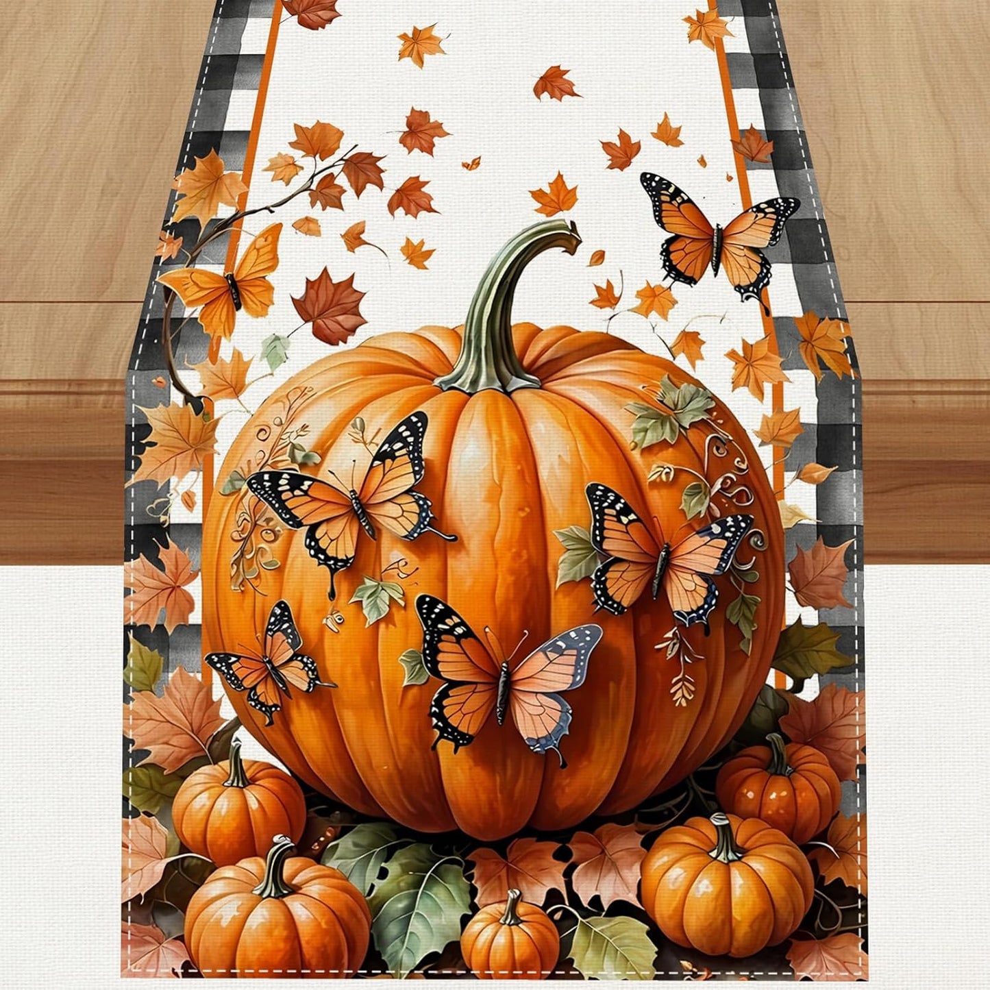 Linen Black and White Buffalo Check Plaid Fall Table Runner 90 Inches Long, Fall Leaves Pumpkin Butterfly Home Kitchen Table Decor, Farmhouse Autumn Thanksgiving Harvest Festival Decorations for Home