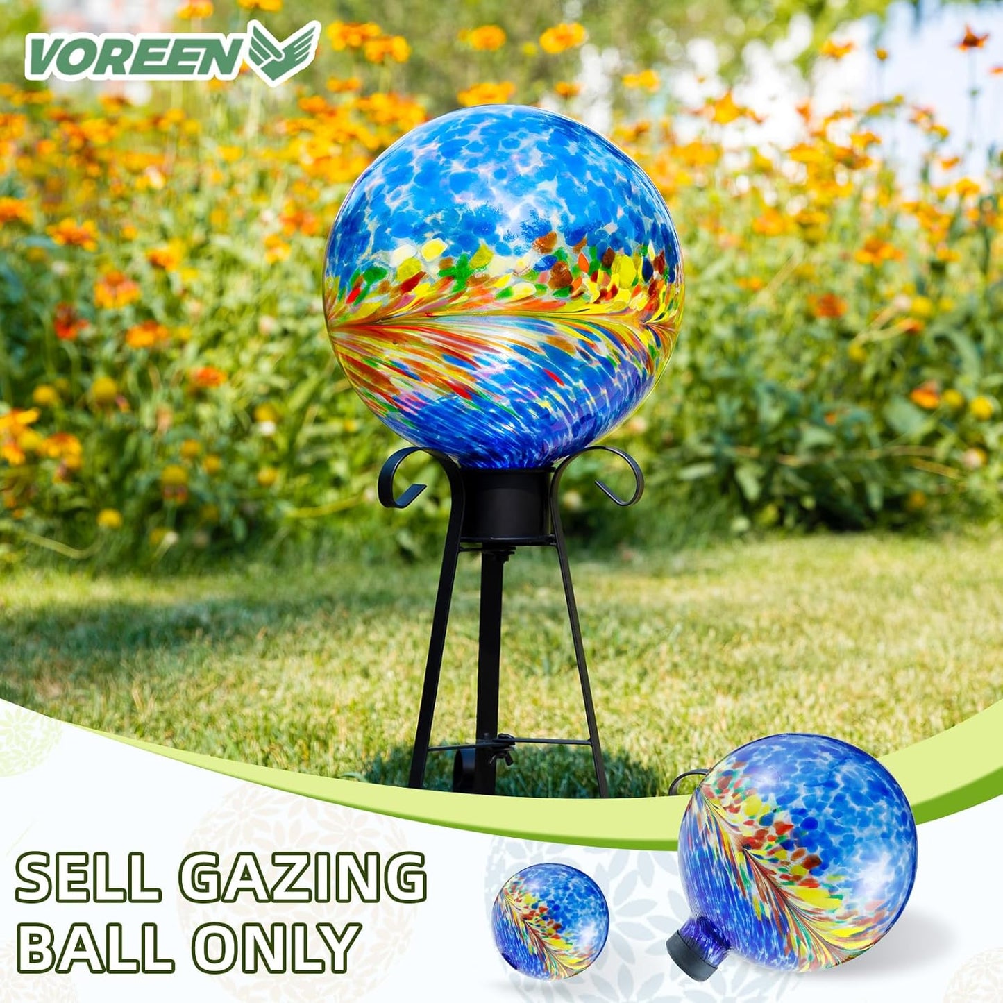 VOREEN 10-Inch Glass Gazing Ball, Outdoor Gazing Globe, Reflective Ball Yard Decoration for Homes, Patio, Lawn and Gardens, Gift for Mom Wife Friend, Phoenix Tail Design, Blue