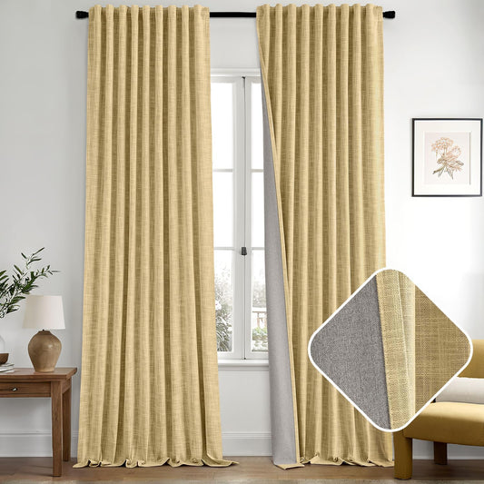 MIULEE Yellow 100% Blackout Linen Curtains 108 Inch 2 Panels Set Double Sided No Coating Pleated Back Tab Black out Extra Long Thermal Insulated Pinch Pleat Bedroom Living Room Darkening Window Drapes
