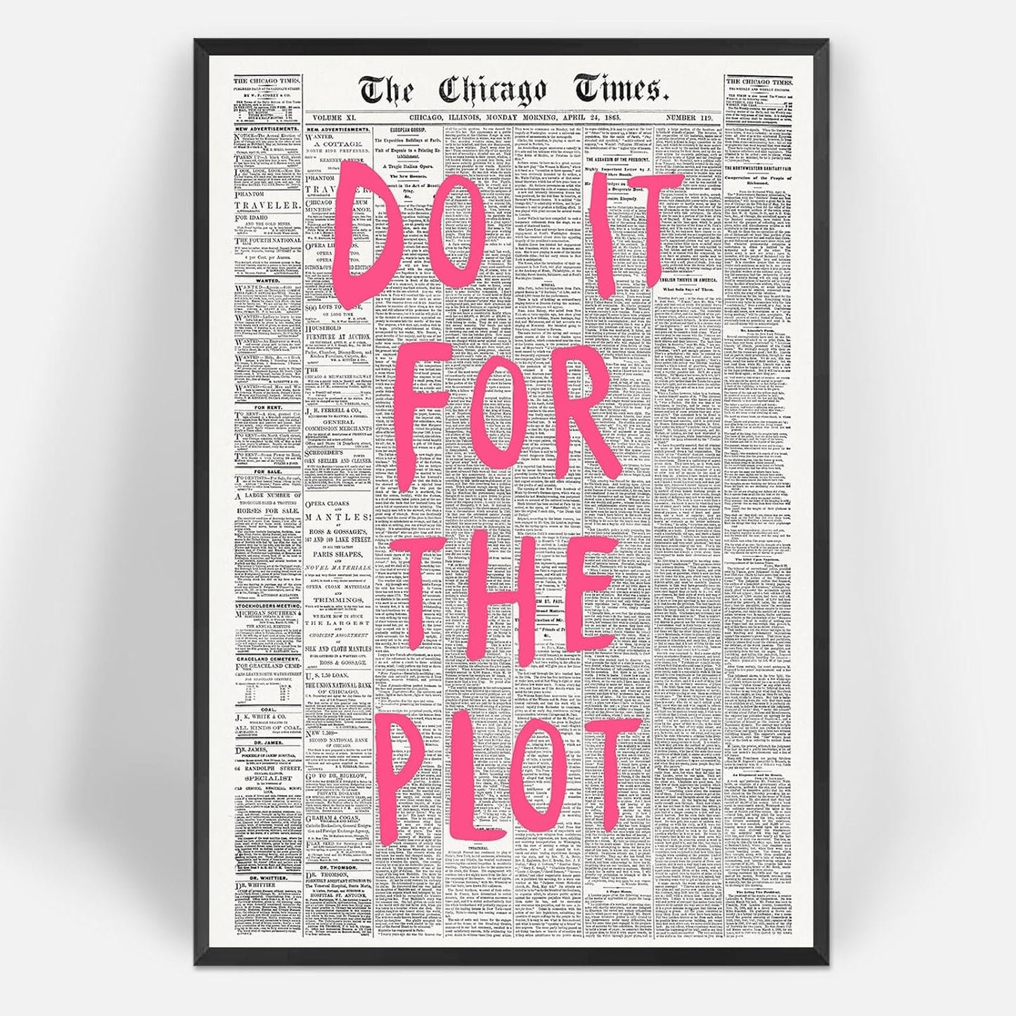 Liyark Retro Black And White Chicago Newspaper Poster Pink Trendy Preppy Apartment Art Motivational Affirmation Do It For The Plot Prints For Home Bedroom Living Room Wall Decor 12x16in Framed