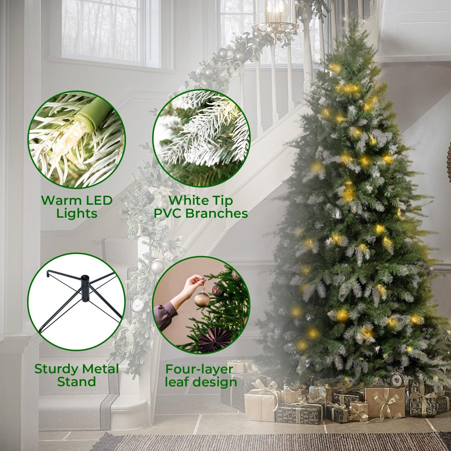 Naomi Home 6.5ft White Tip Christmas Tree with Lights, Realistic Light Snow Flocked Fir Prelit with 1292 Branch Tips, 350 Warm Lights and Metal Stand, Aritificial Tree