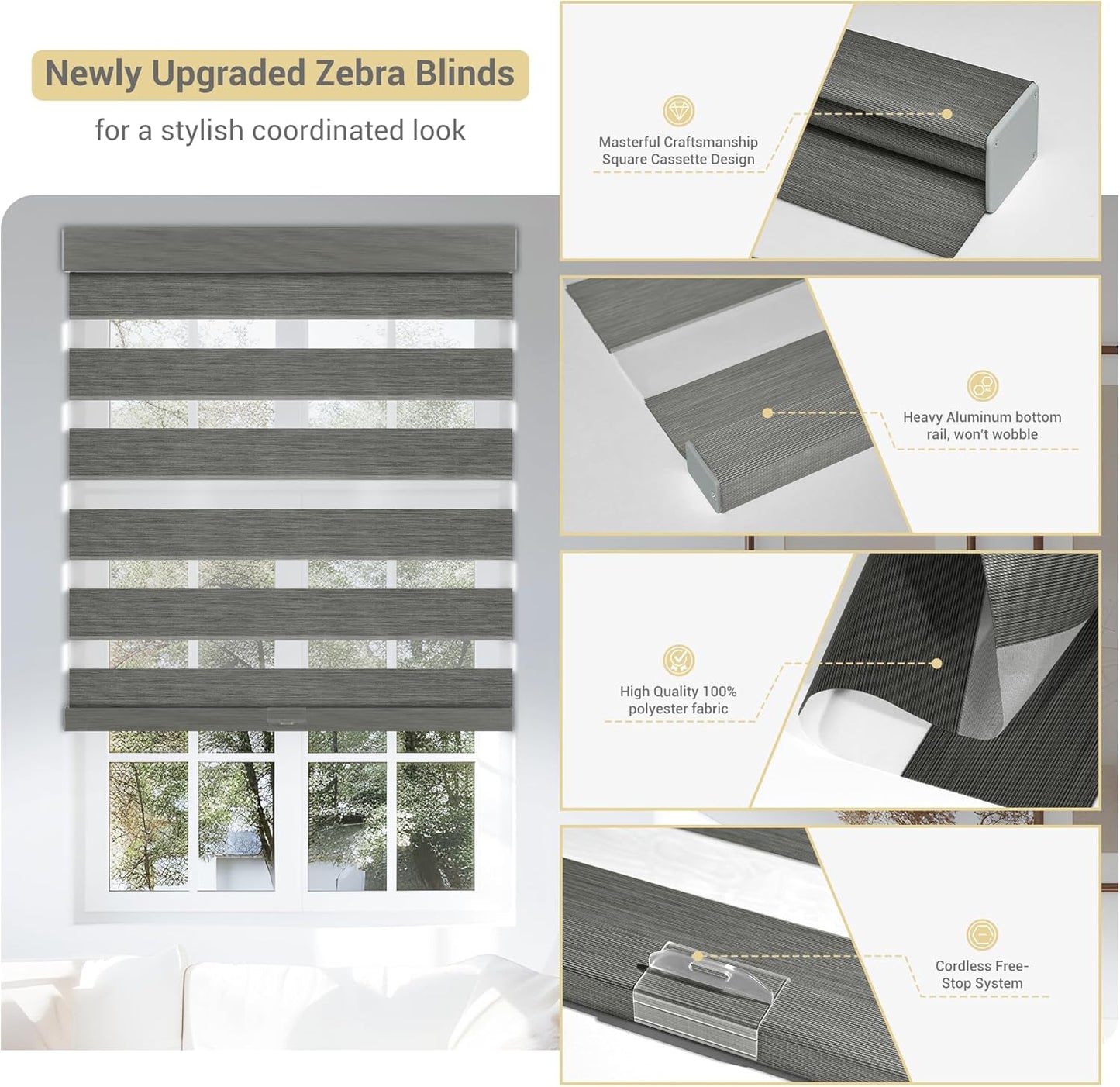 Cordless Zebra Blinds for Windows, Blackout Interior Blinds,Easy to Install,UV Protection,for Offices and Home,Custom Roller Shades, Mousse Grey,50" W x 72" H