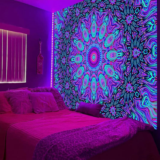 PSYHILAR Blacklight Mandala Tapestry for Bedroom, Psychedelic Black Light Posters for Adults and Teens, Neon UV Reactive Aesthetic Bohemian Art Wall Hanging Decor (90 x 70 Inches)