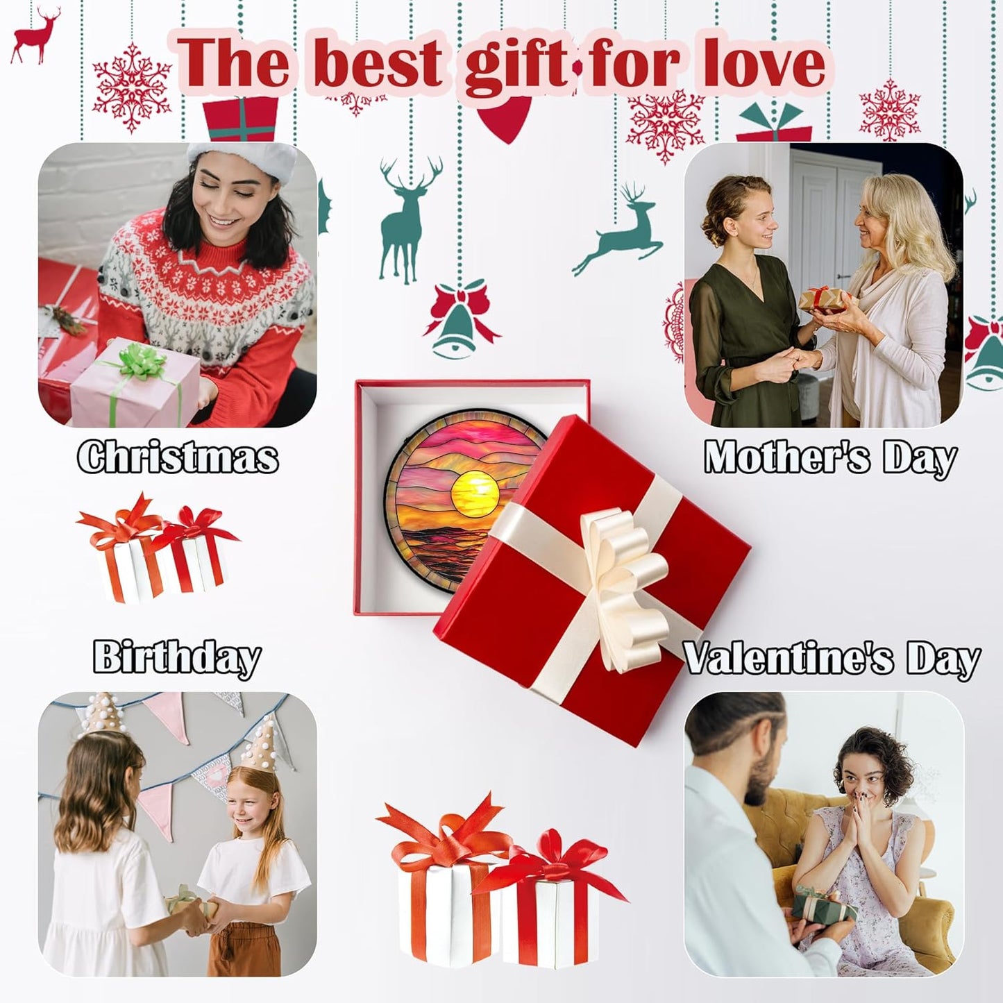 Stained Glass Window Hanging, Sunrise Sea Surface Sun Catchers Diamond Glass Panel Hangings Abstract Suncatcher Decor for Birthday for Women, Men, Wife, Aunt, and Mom 11.8 in