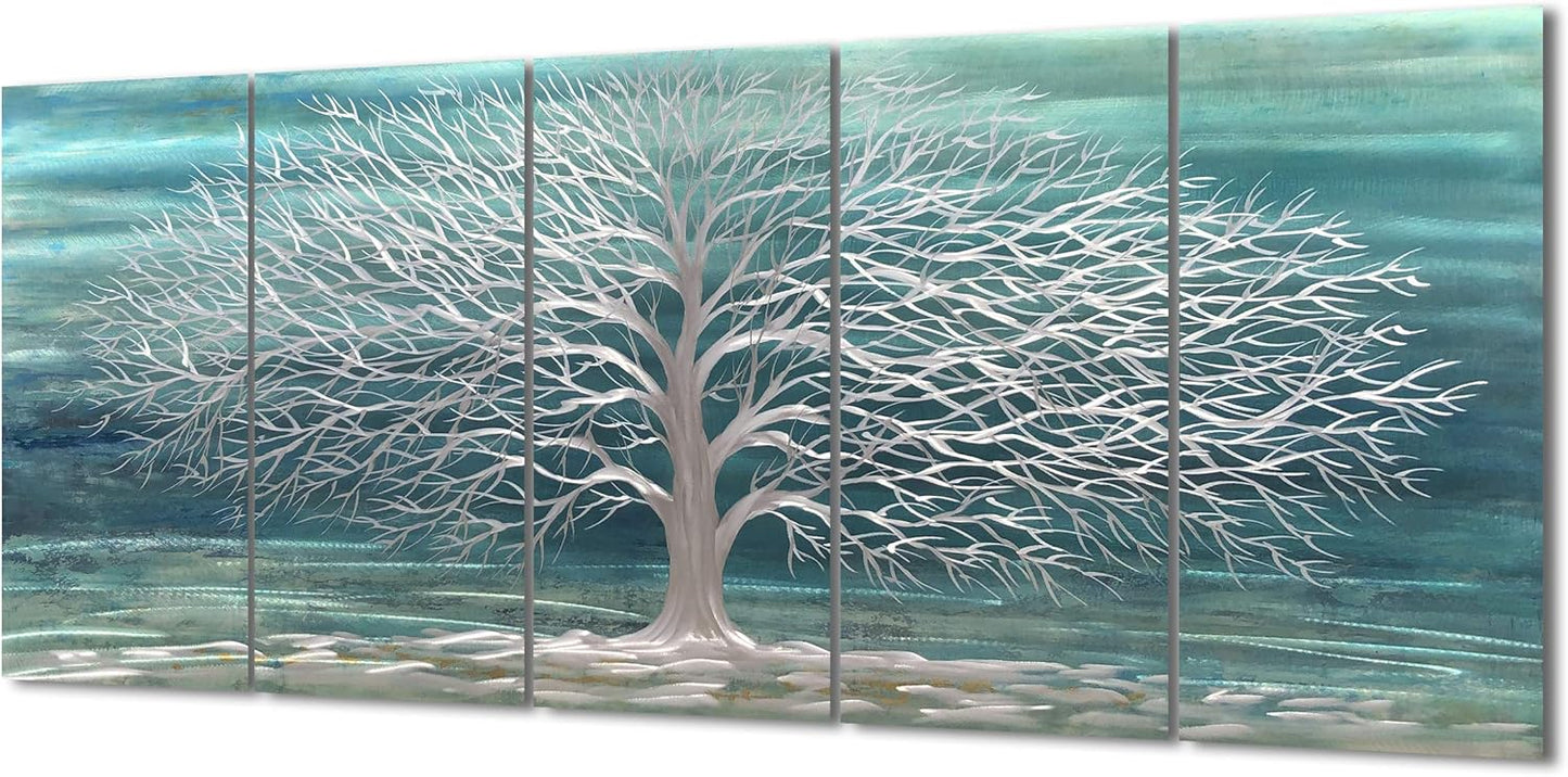Yihui Arts Large Metal Wall Art Handcrafted Aesthetic Tree Pictures on Aluminum 5 Panels Teal and Silver Abstract Landscpae Artwork for Living Room Bedroom Dinning Decor
