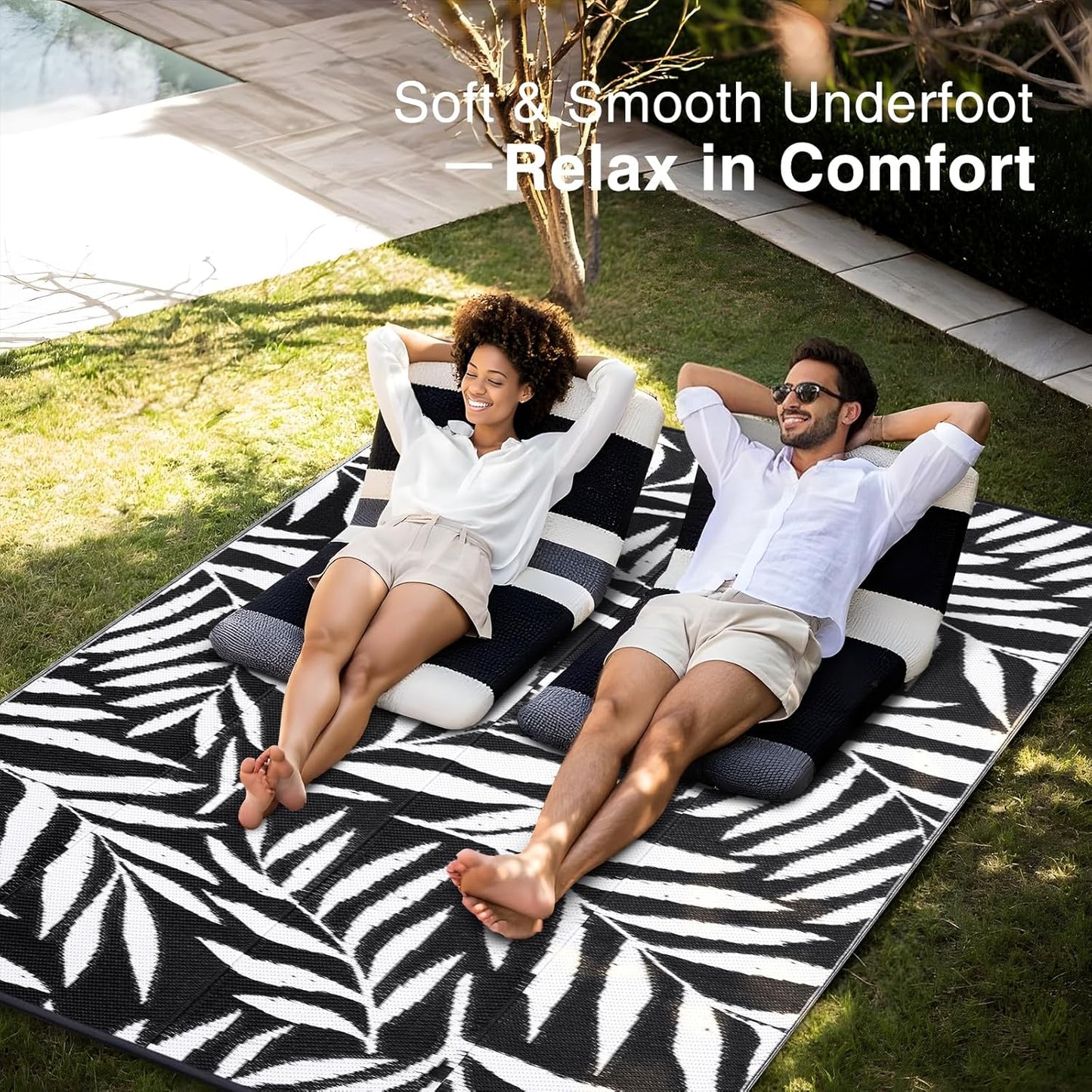 OLANLY Waterproof Outdoor Rug 6x9 ft, Reversible Outdoor Plastic Straw Rug with Leaf Pattern, RV Mat, Indoor Outdoor Carpet for Patio, Camping, Balcony, Deck, Backyard, Black & White