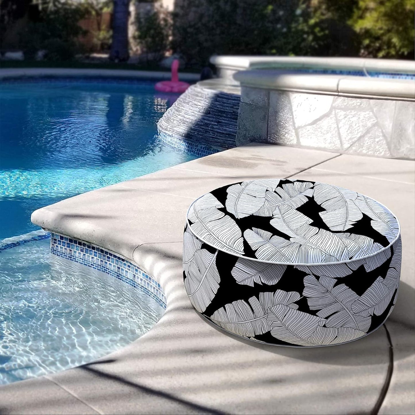 LVTXIII Inflatable Stool Ottoman Footrest with Handle, Indoor or Outdoor Foot Rest for Home Patio Garden and Camping, D21 x H9, Black Lush Leaf Jungle