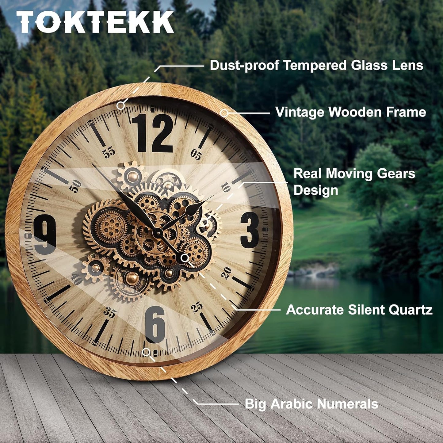 Wall Clocks for Living Room Decor, Large Real Moving Gears Clock, Vintage Industrial Oversized Rustic Farmhouse Kitchen Office Fireplace Wall Decor (Wood Tone, 27 inch)