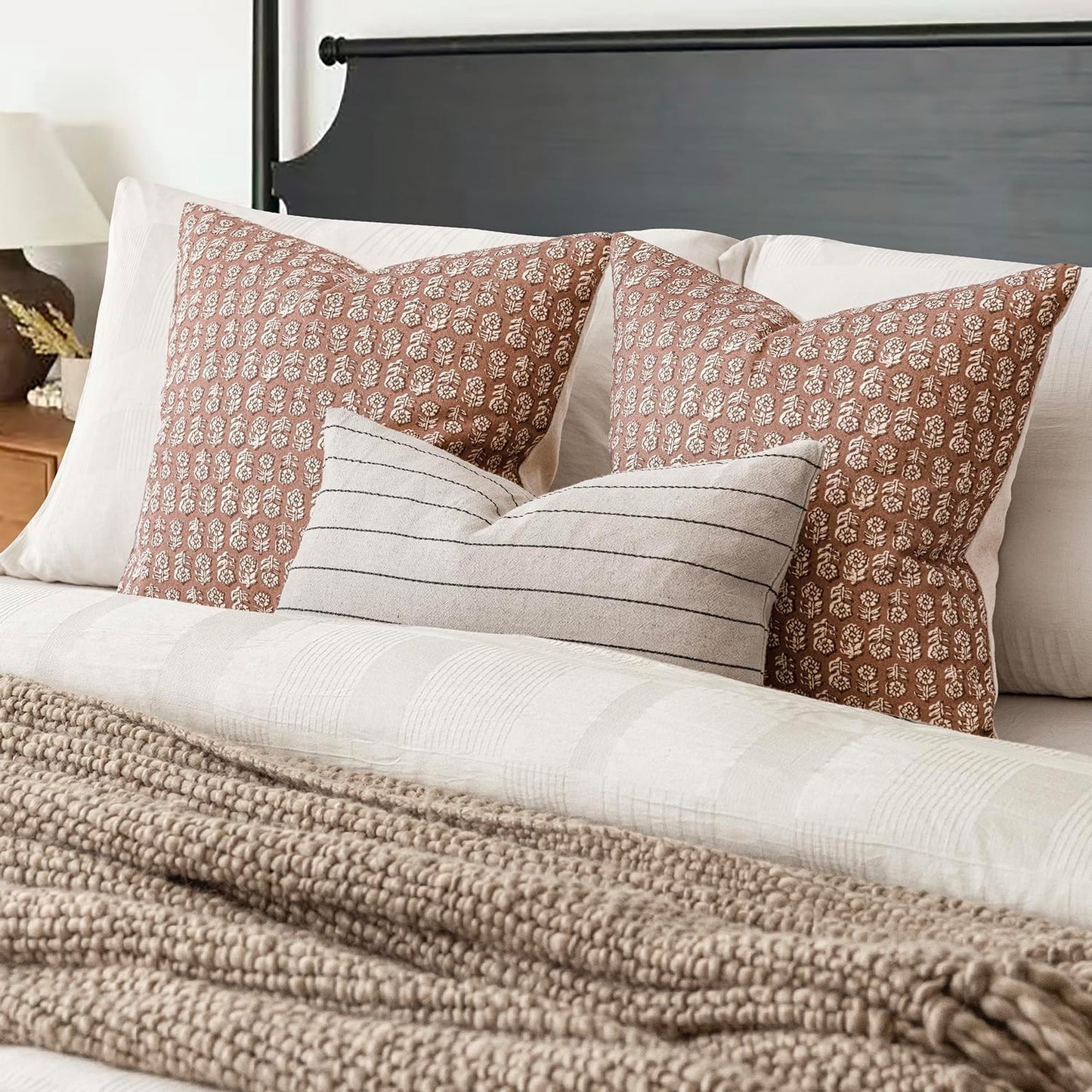 Foindtower Set of 2 Decorative Neutral Floral Print Throw Pillow Covers Vintage Farmhouse Cushion Covers Boho Home Decor for Sofa Chair Couch Bedroom Living Room Outdoor,18×18 Inch,Light Orange Brown