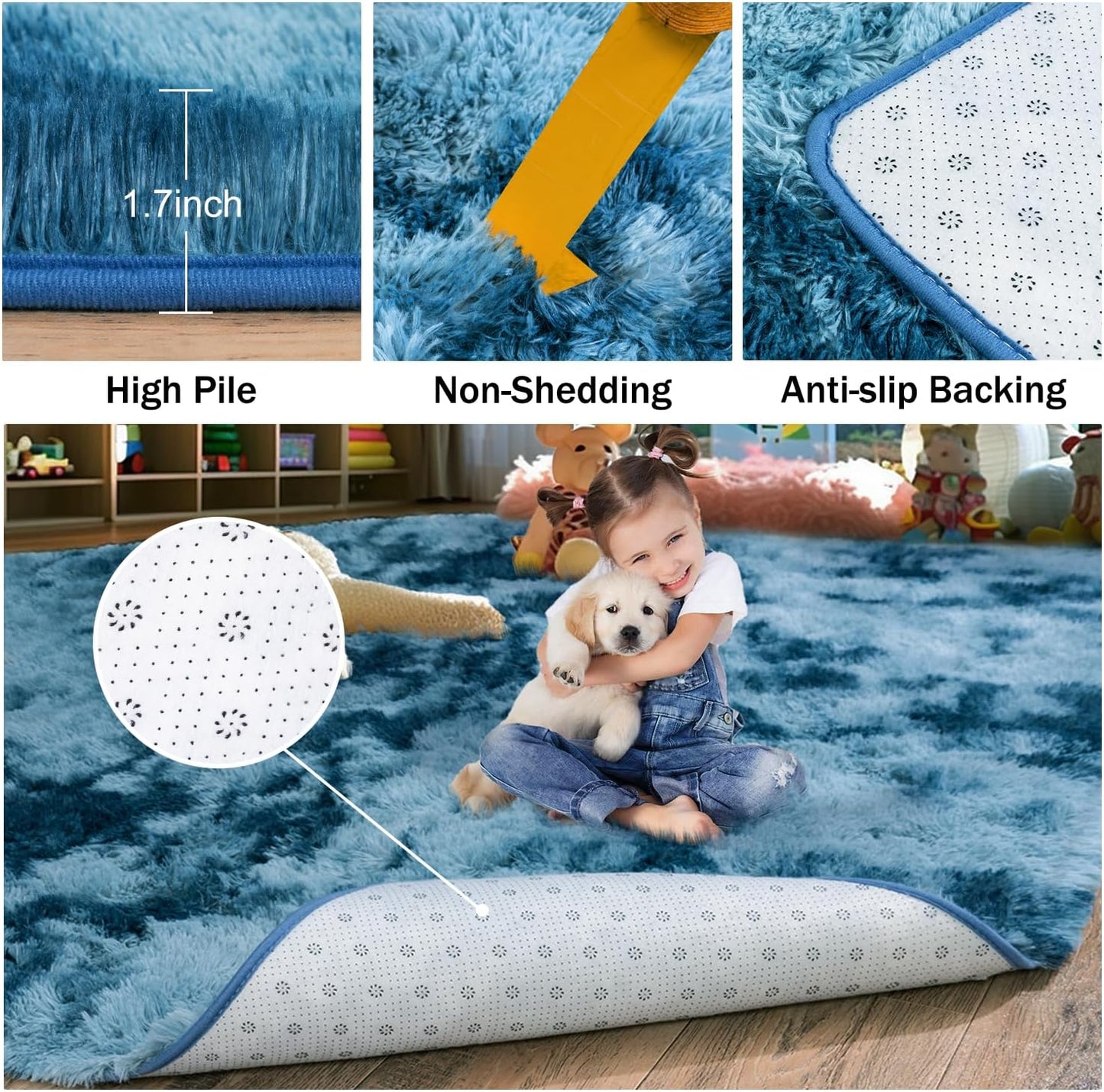 Rzutan Extra Large Rugs for Living Room 9x12, Soft Shaggy Modern Shag Area Rug for Bedroom, Upgrade Non-Slip Plush Fluffy Carpet for Kids Boys Girls Room Home Decor Aesthetic,Peacock Blue