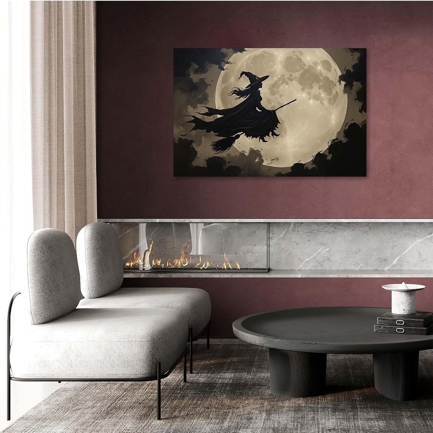 Full moon witch silhouette poster witch on magic broom Halloween mural poster decorative mural art suitable for home living room bedroom28x40in Wood Framed